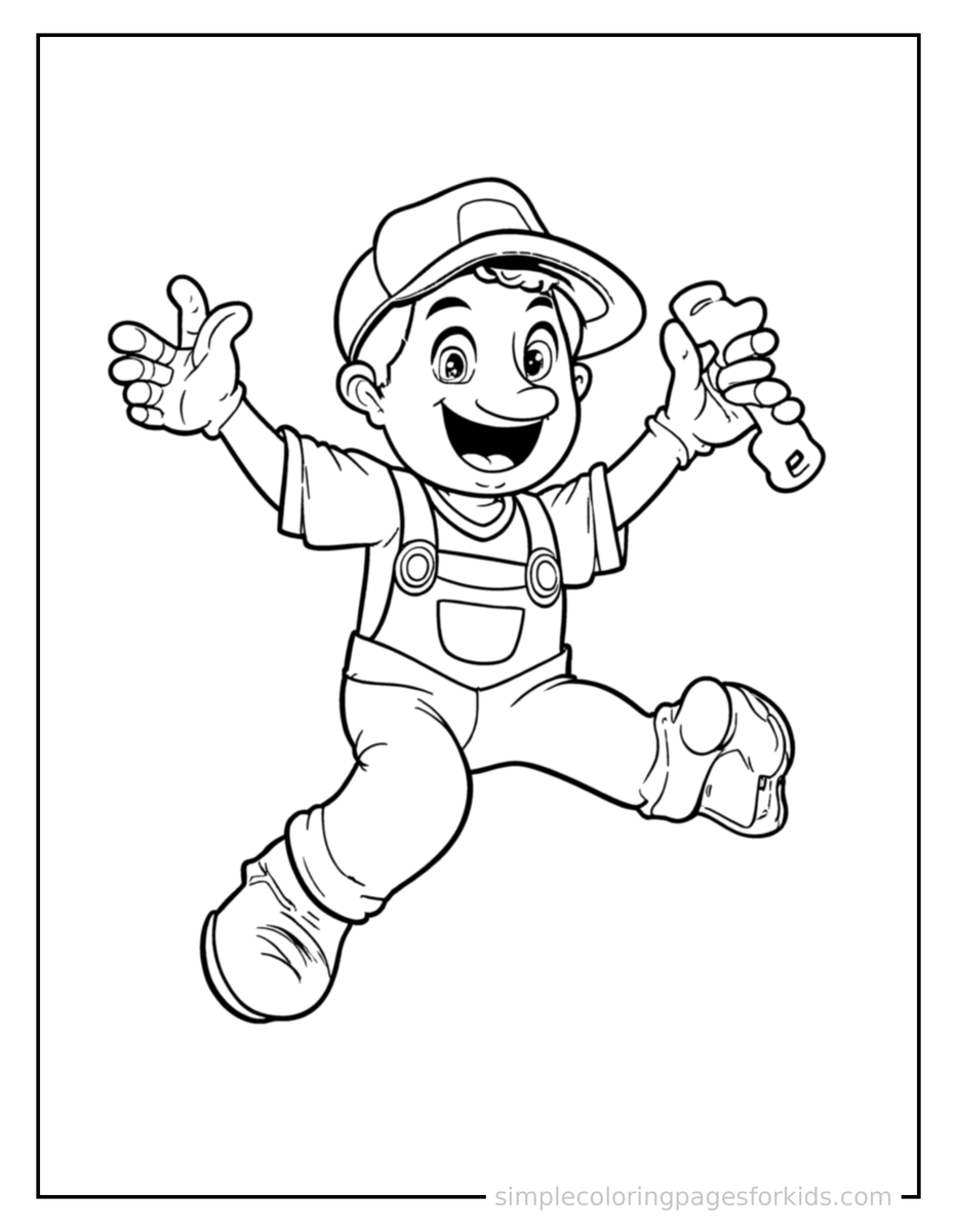 Jumping Plumber Holding A Wrench Coloring Page