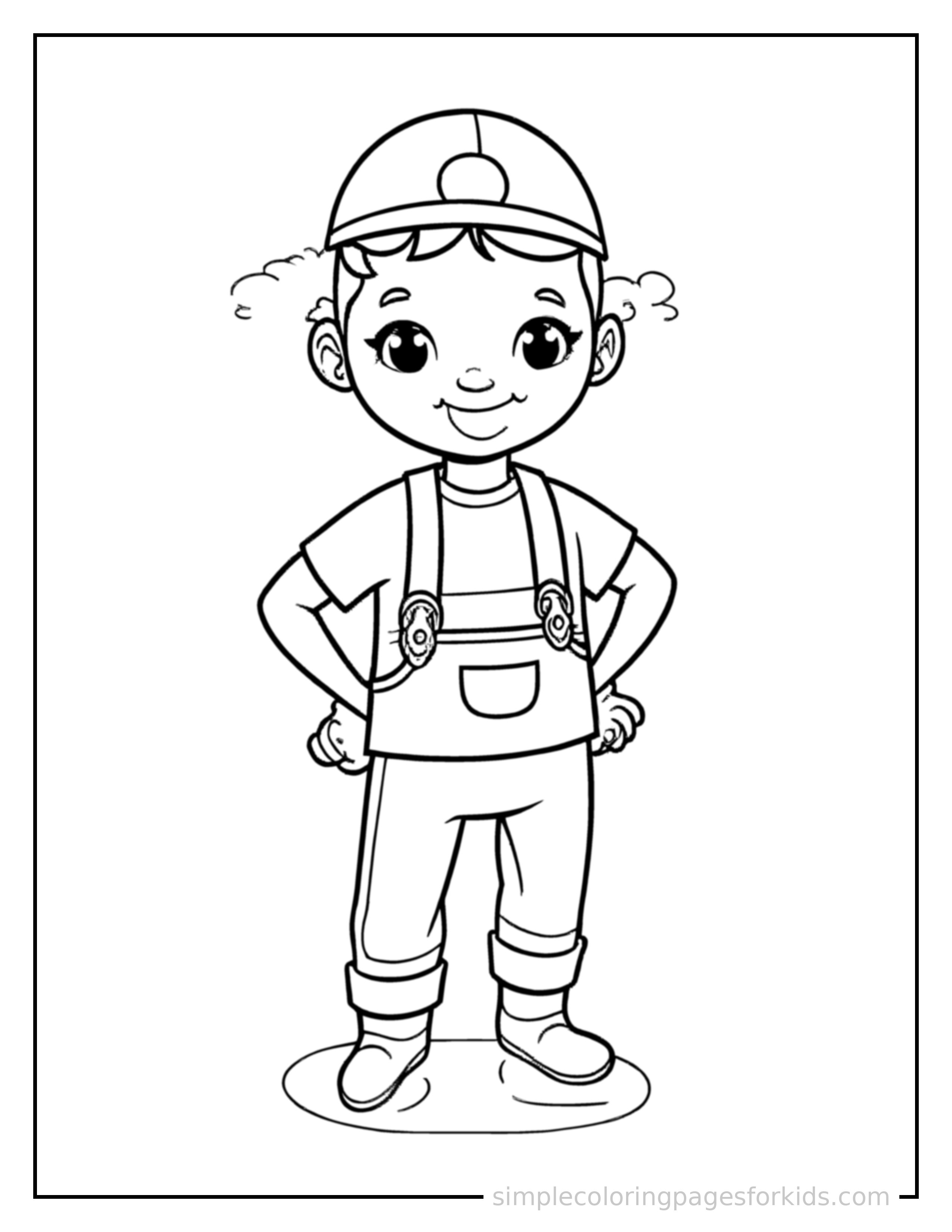 Free printable carpenter holding a hammer coloring page featuring a cute carpenter holding a hammer standing proudly with hands on hips, chest out, big sparkling happy eyes and open smile.