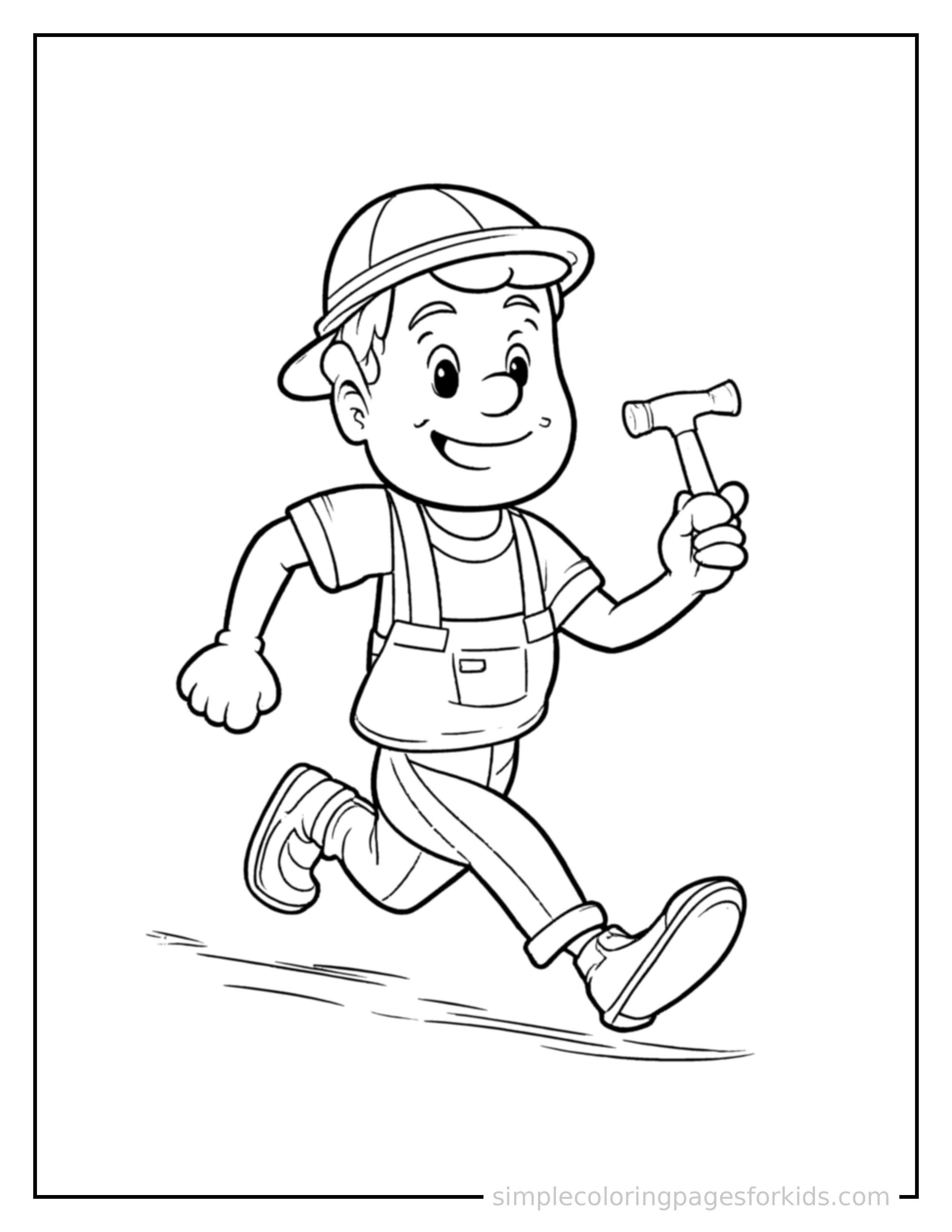 Free printable carpenter holding a hammer coloring page featuring a cute carpenter holding a hammer running forward at full speed, arms pumping, big happy grin.