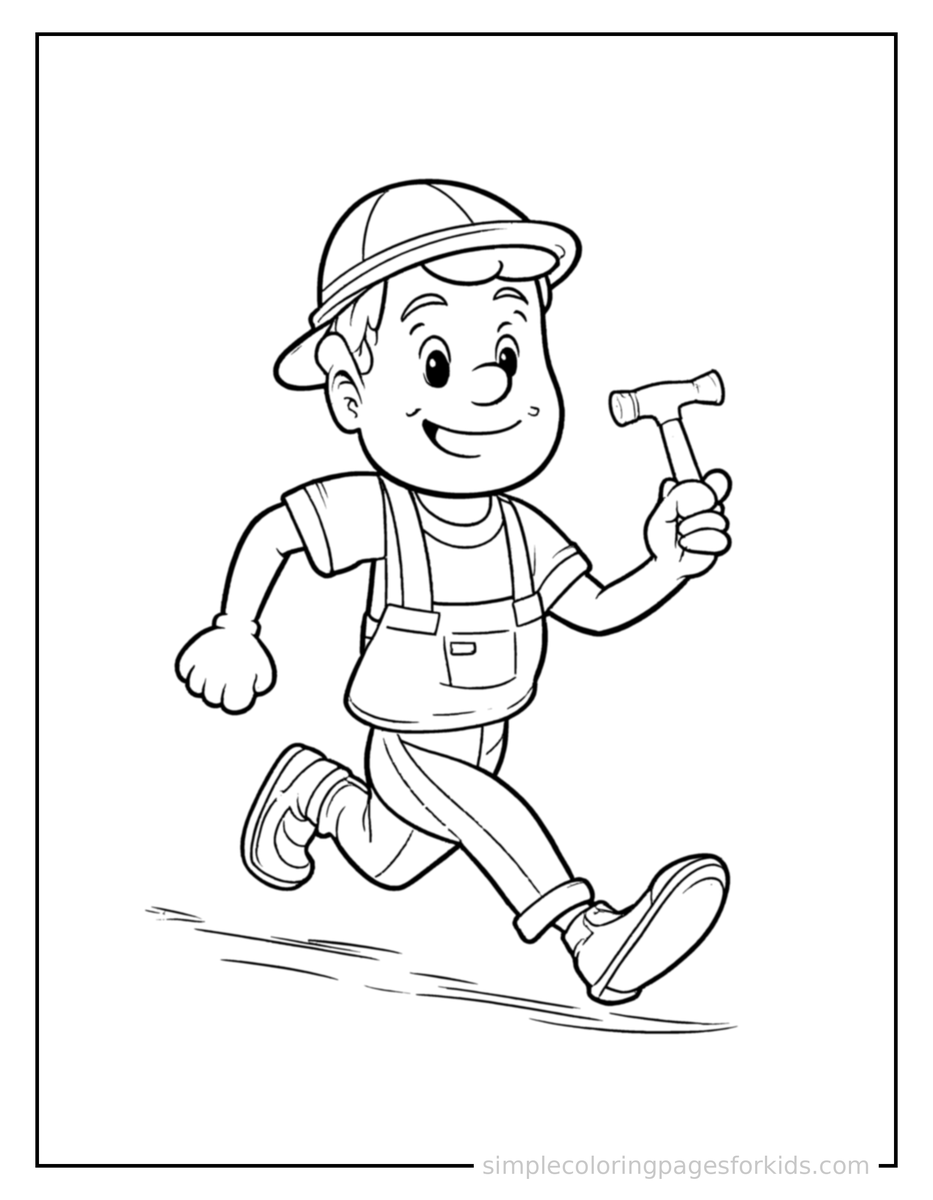 Running Carpenter Holding A Hammer Coloring Page