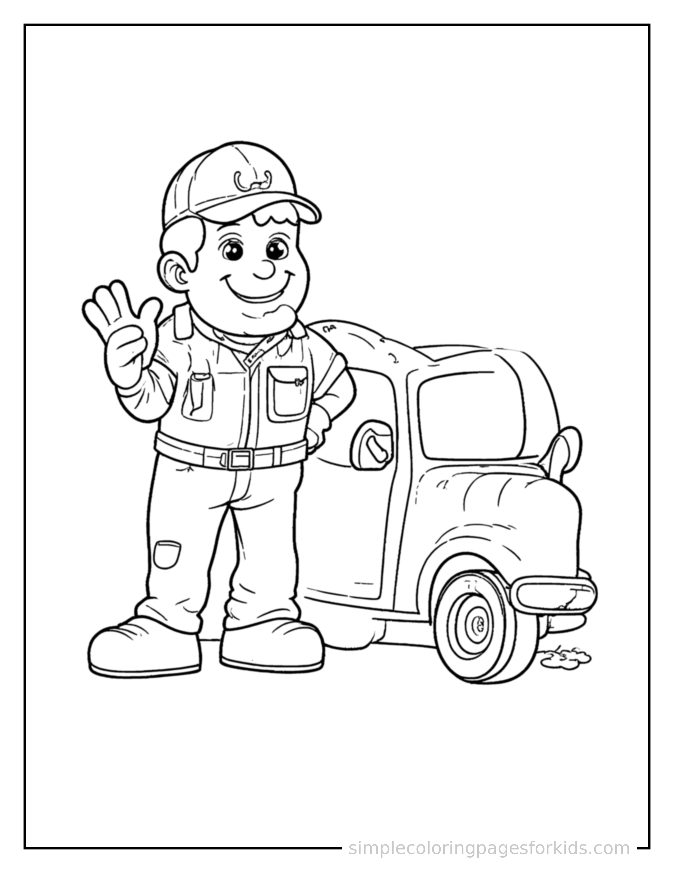 Free printable mechanic holding a wrench near a car coloring page featuring a cute mechanic holding a wrench near a car standing tall with a big cheerful grin, one hand raised in a wave, head tilted slightly.