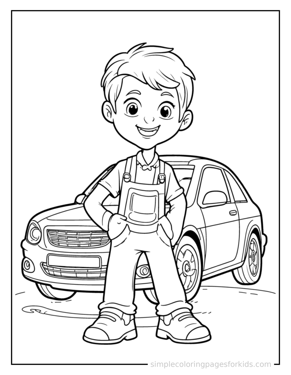 Proud Mechanic Holding A Wrench Near A Car Coloring Page