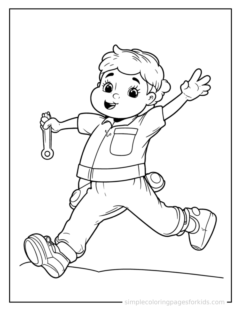 Jumping Mechanic Holding A Wrench Near A Car Coloring Page