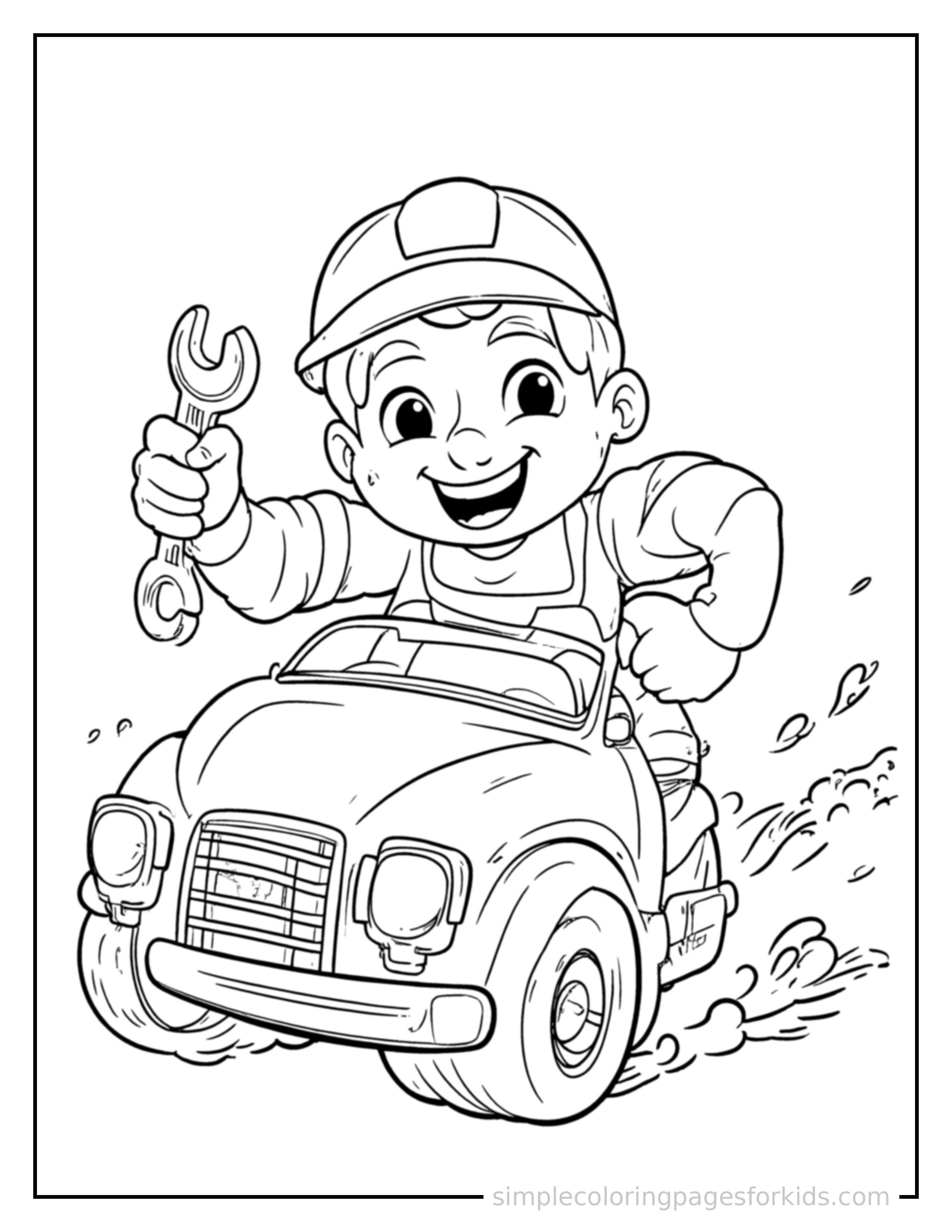 Free printable mechanic holding a wrench near a car coloring page featuring a cute mechanic holding a wrench near a car running forward at full speed, arms pumping, big happy grin.