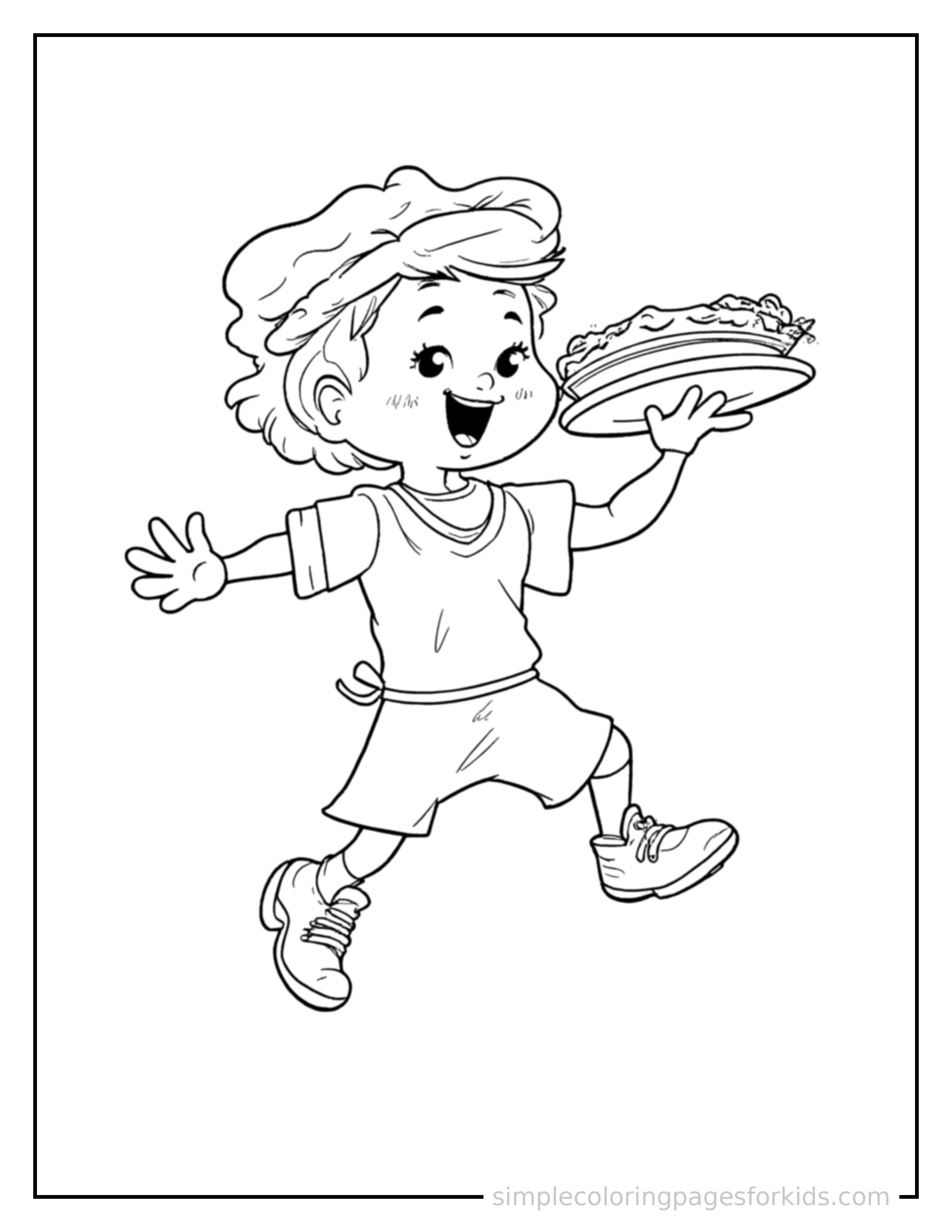 Free printable waiter carrying a tray of food coloring page featuring a cute waiter carrying a tray of food mid-jump with arms and legs stretched out playfully, mouth open with excitement.
