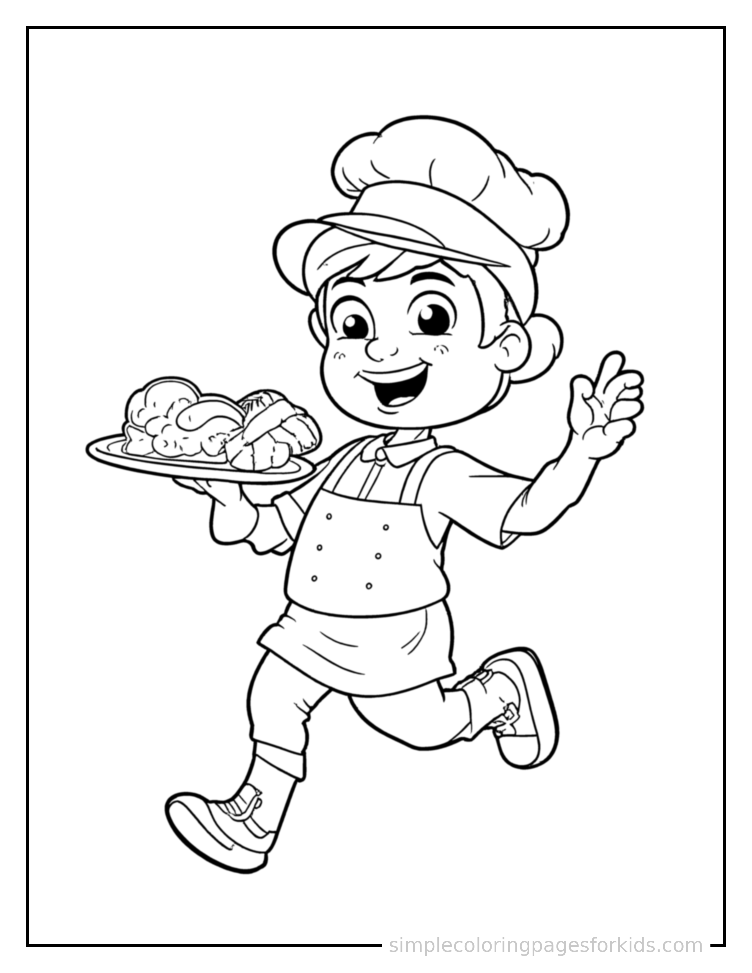 Free printable waiter carrying a tray of food coloring page featuring a cute waiter carrying a tray of food running forward at full speed, arms pumping, big happy grin.