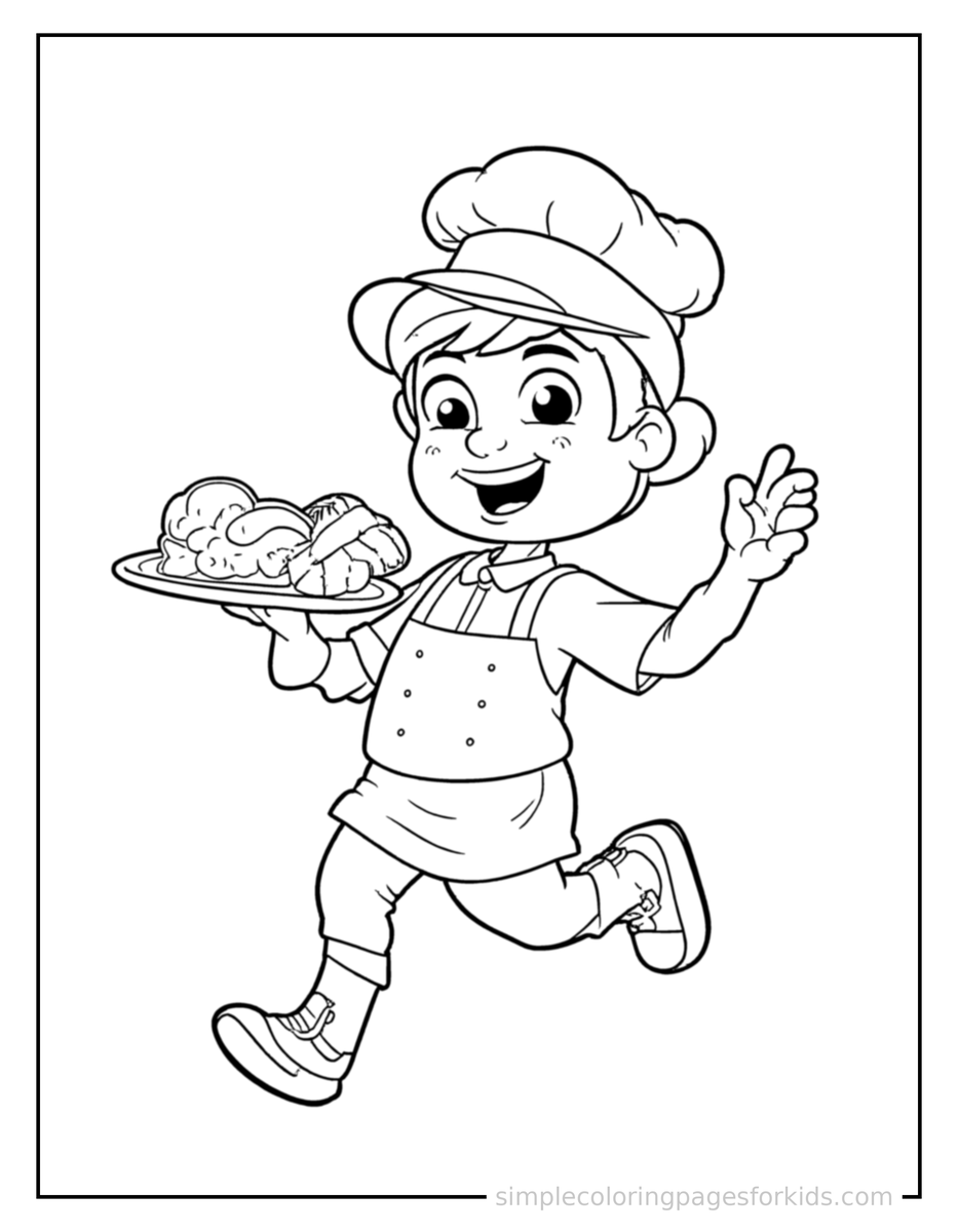 Running Waiter Carrying A Tray Of Food Coloring Page