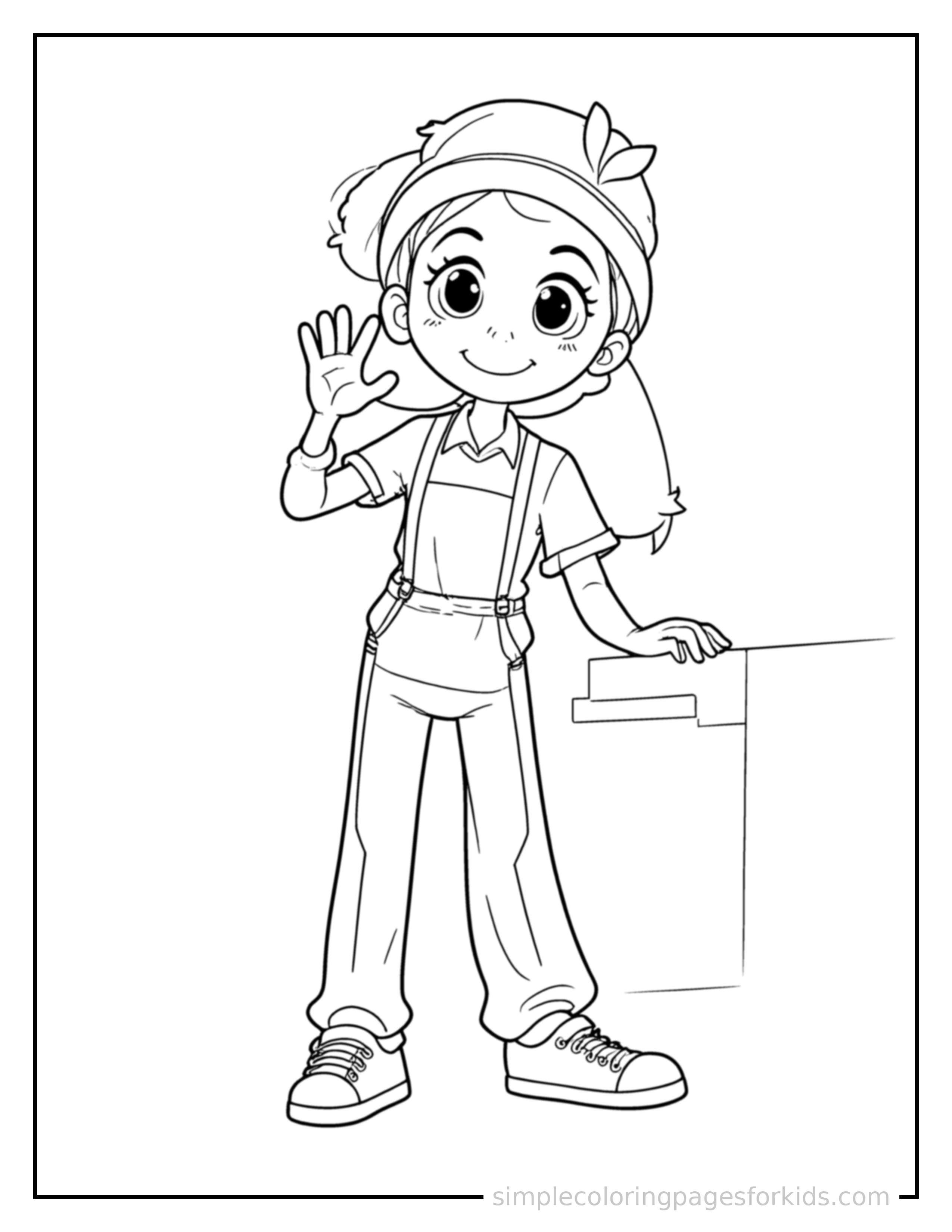 Free printable cashier at a checkout counter coloring page featuring a cute cashier at a checkout counter standing tall with a big cheerful grin, one hand raised in a wave, head tilted slightly.