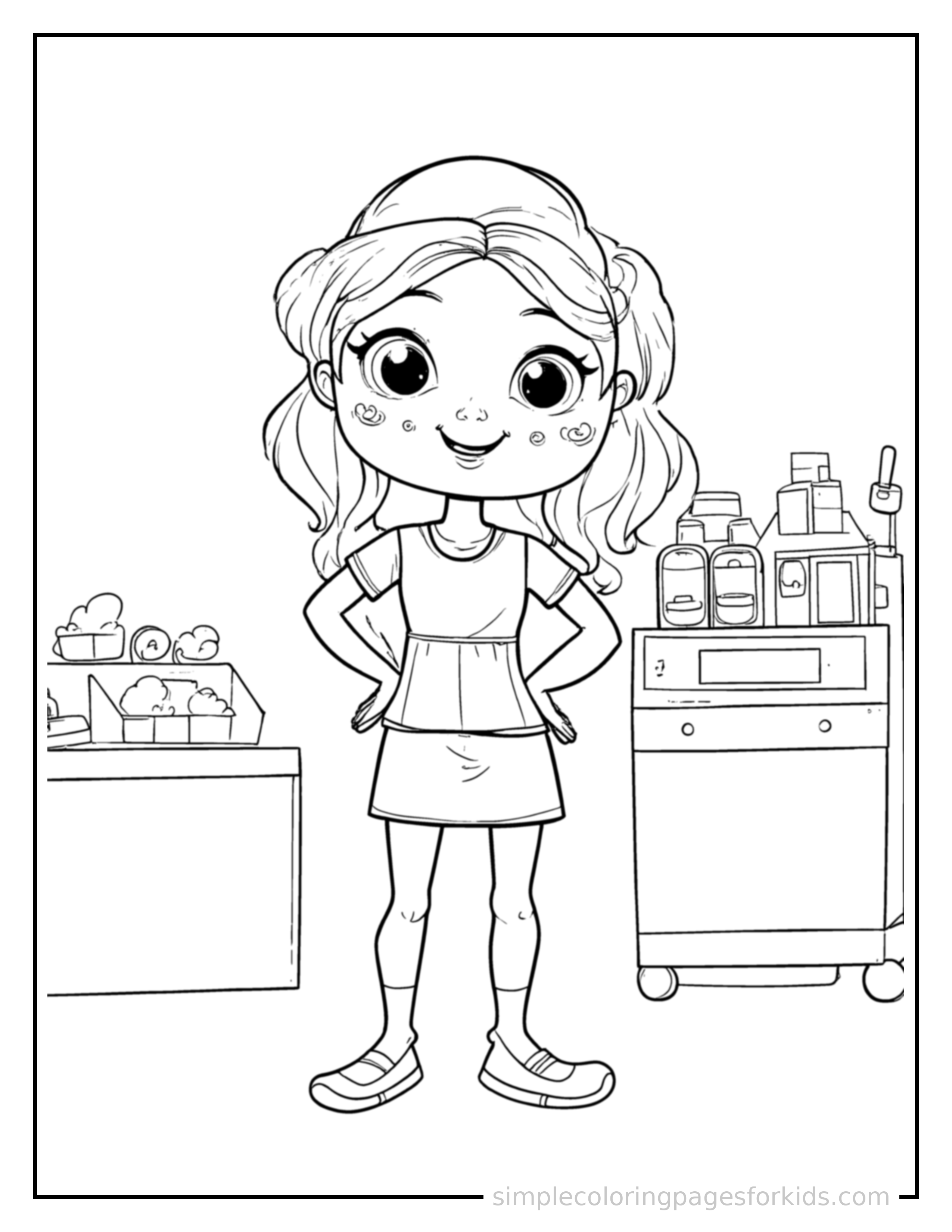 Free printable cashier at a checkout counter coloring page featuring a cute cashier at a checkout counter standing proudly with hands on hips, chest out, big sparkling happy eyes and open smile.