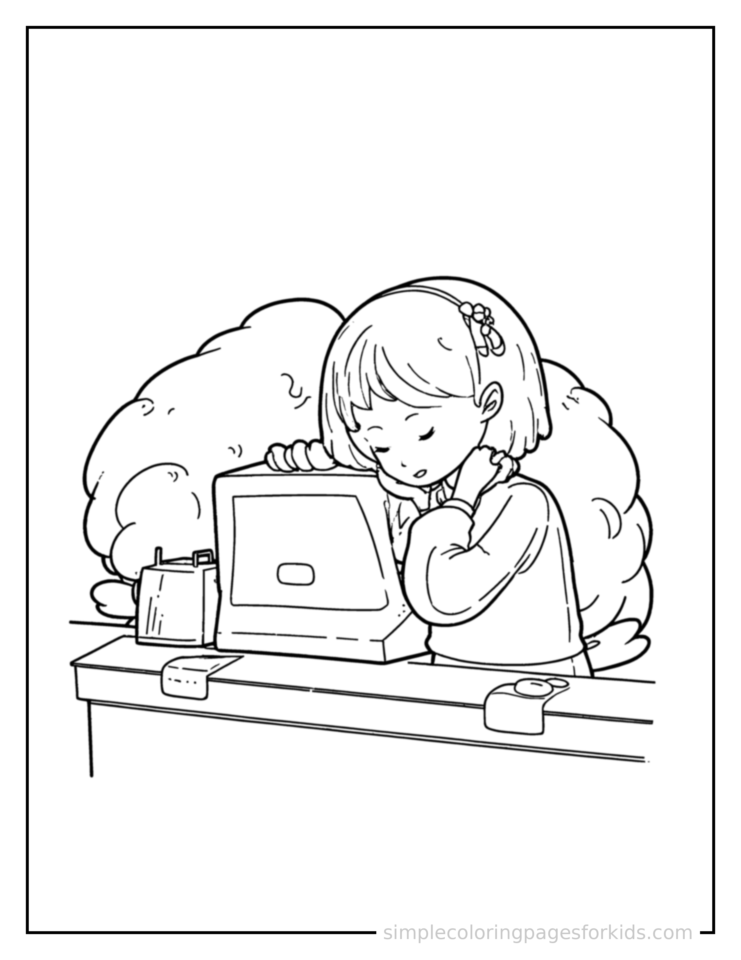 Free printable cashier at a checkout counter coloring page featuring a cute cashier at a checkout counter curled up fast asleep, peaceful smile, one eye scrunched shut, hands tucked under the chin.