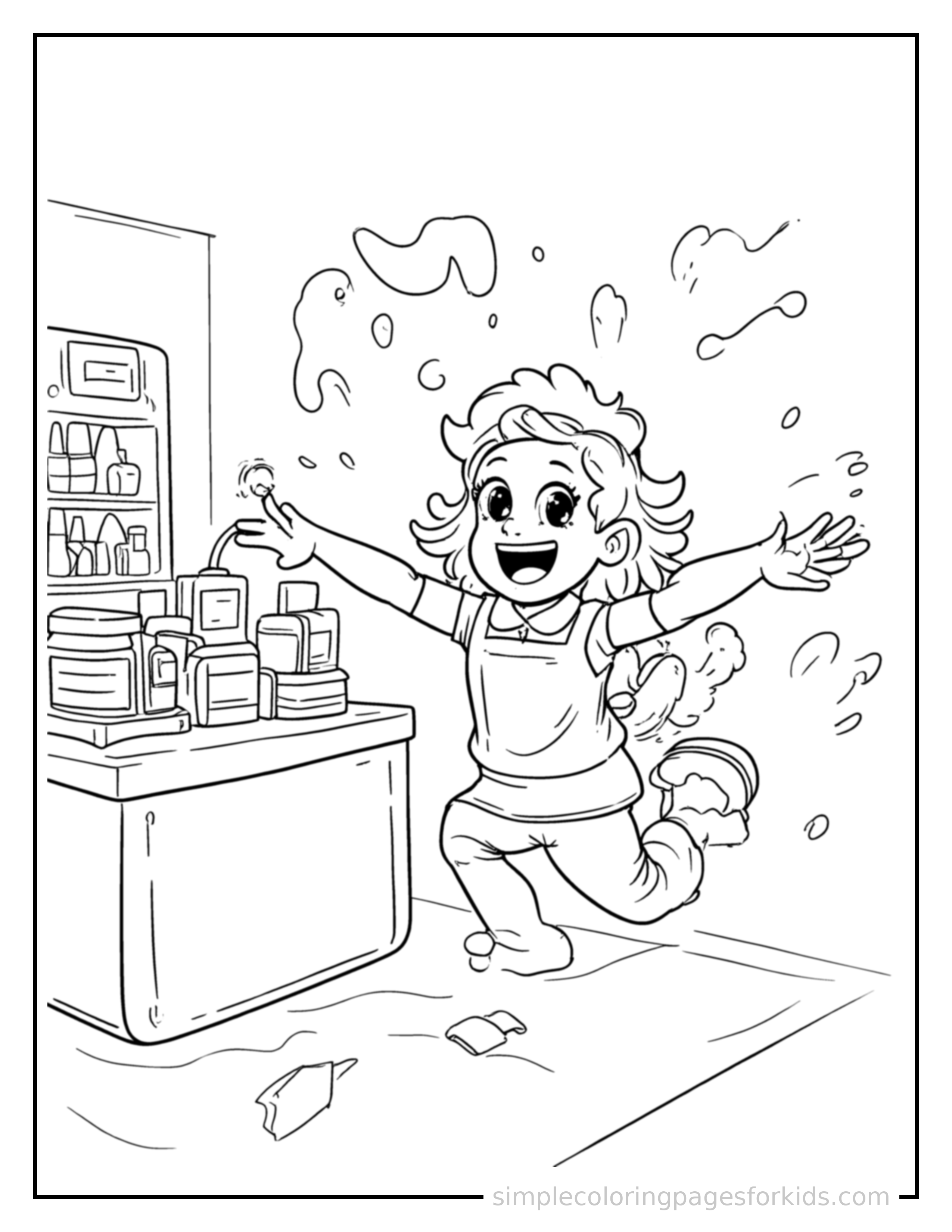 Free printable cashier at a checkout counter coloring page featuring a cute cashier at a checkout counter mid-jump with arms and legs stretched out playfully, mouth open with excitement.