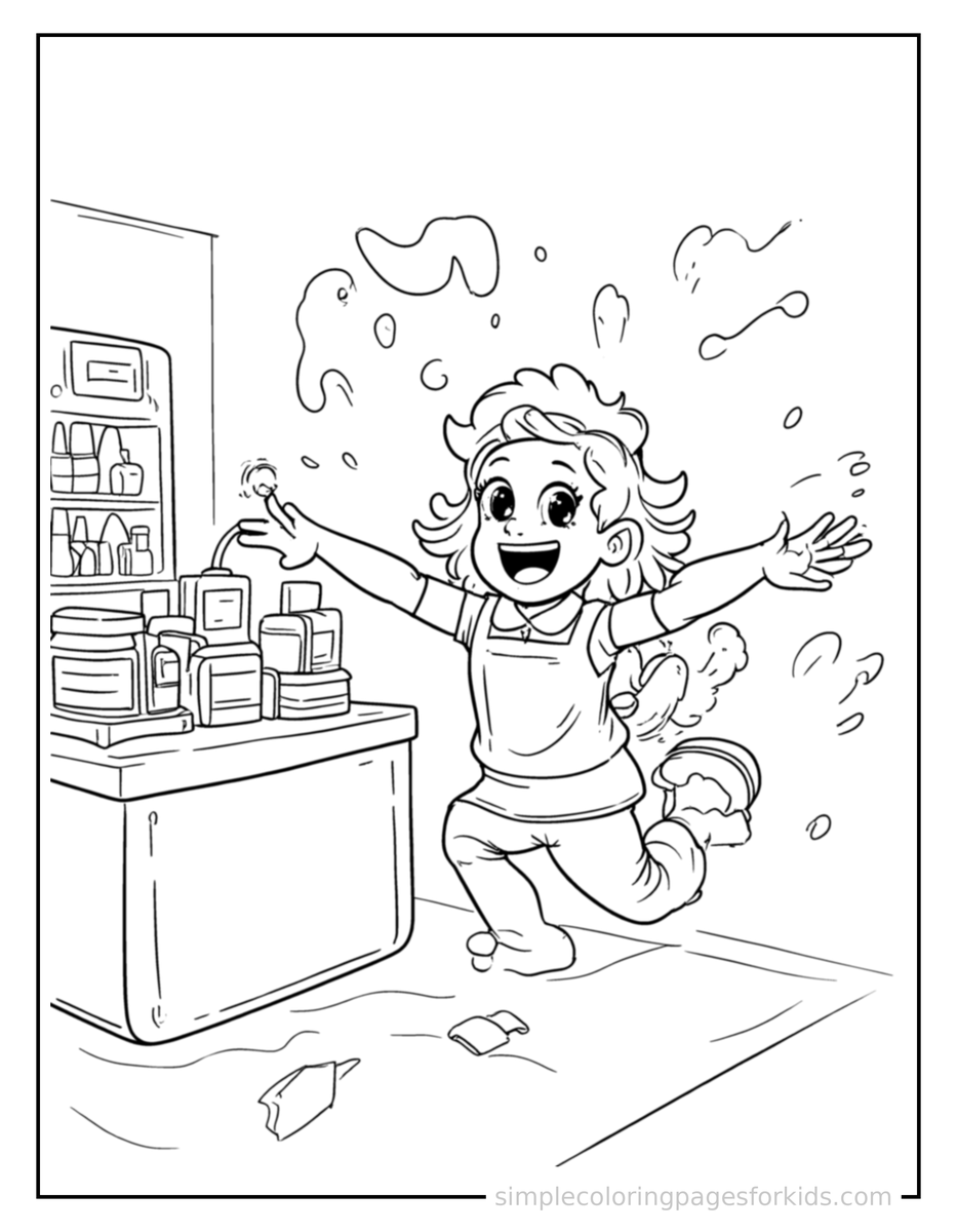 Jumping Cashier At A Checkout Counter Coloring Page