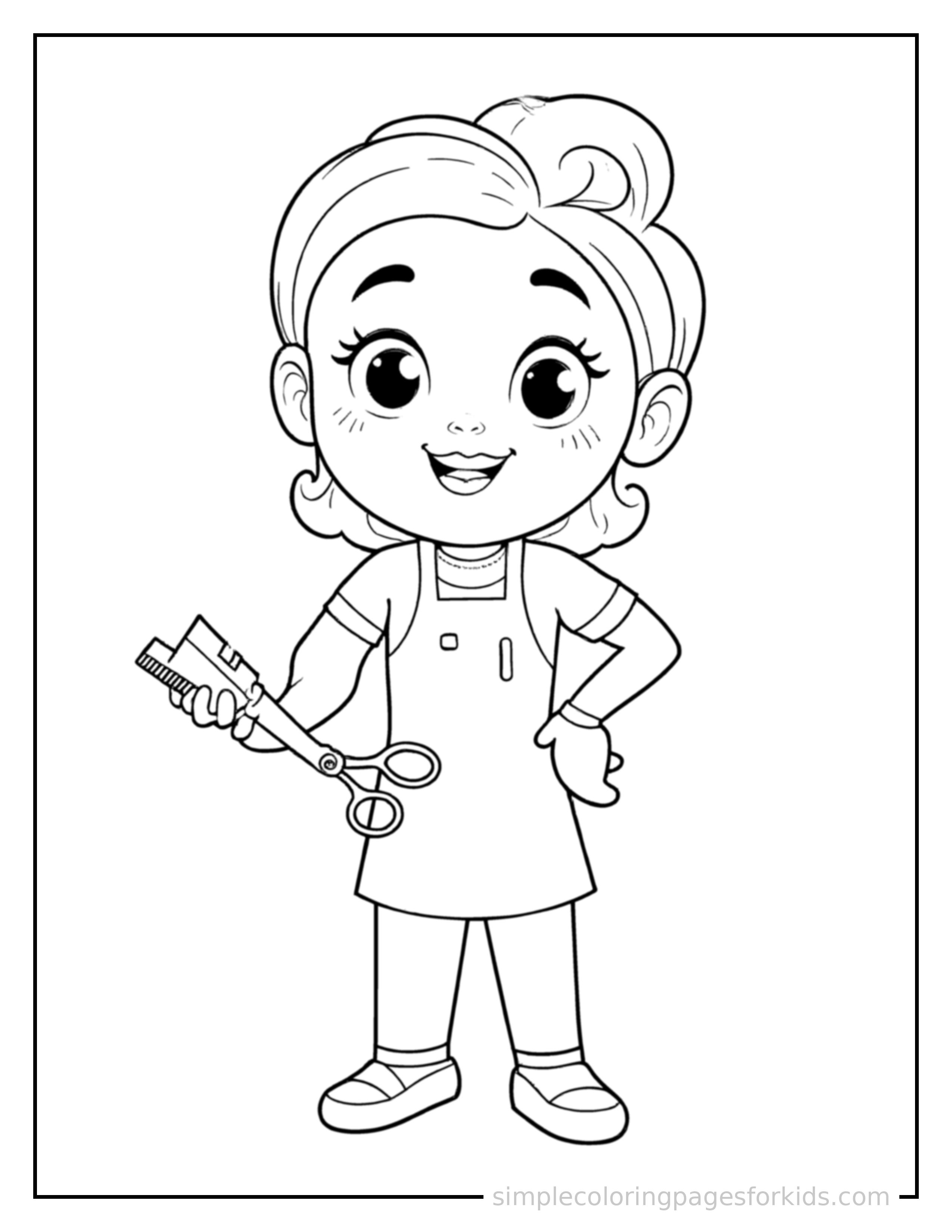 Free printable hairdresser holding scissors and a comb coloring page featuring a cute hairdresser holding scissors and a comb standing proudly with hands on hips, chest out, big sparkling happy eyes and open smile.