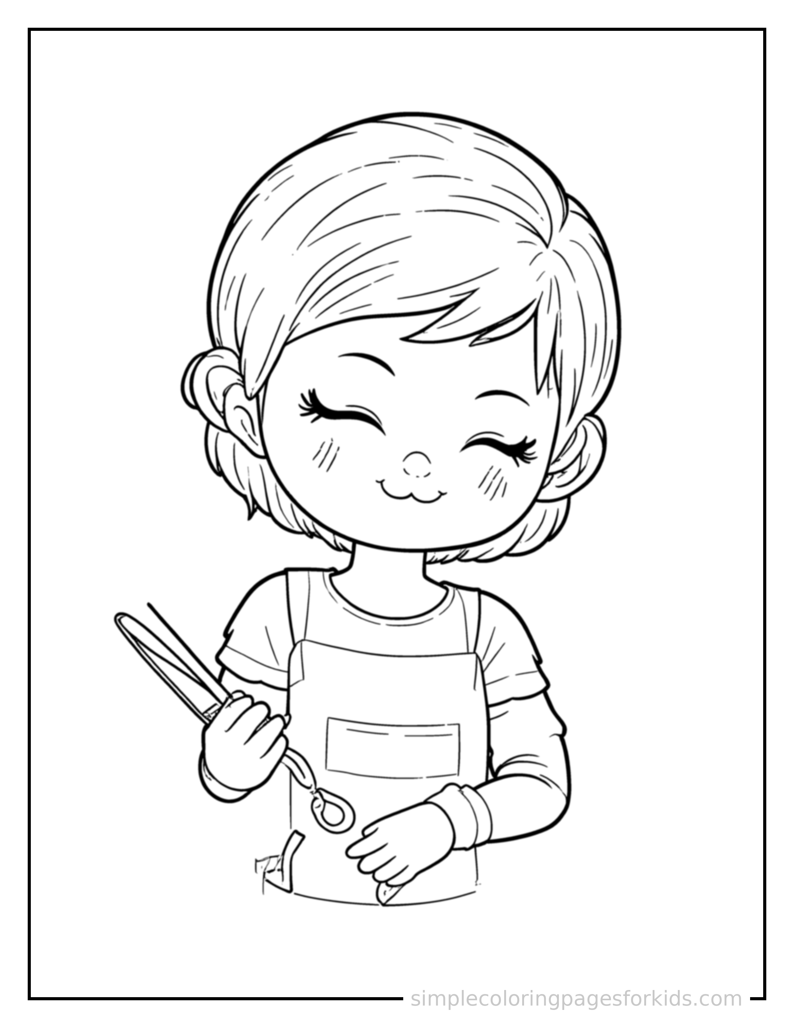 Free printable hairdresser holding scissors and a comb coloring page featuring a cute hairdresser holding scissors and a comb curled up fast asleep, peaceful smile, one eye scrunched shut, hands tucked under the chin.