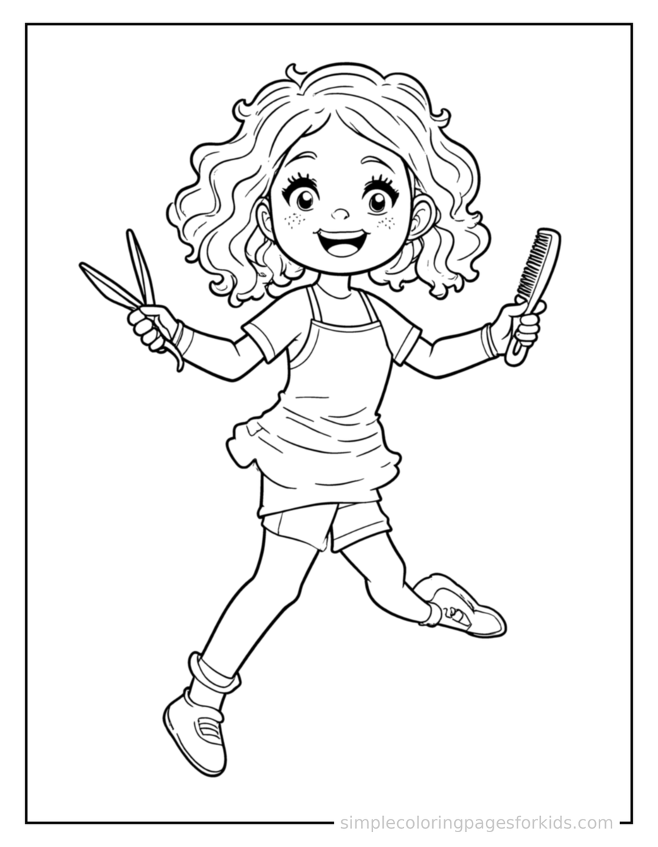 Jumping Hairdresser Holding Scissors And A Comb Coloring Page