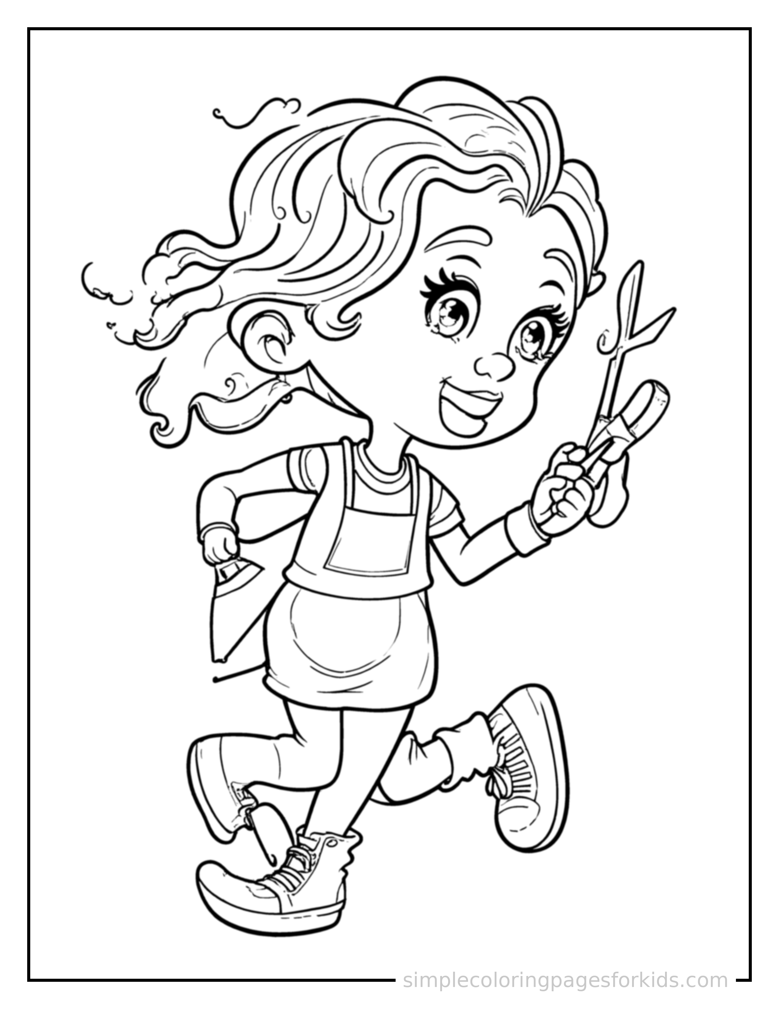 Free printable hairdresser holding scissors and a comb coloring page featuring a cute hairdresser holding scissors and a comb running forward at full speed, arms pumping, big happy grin.