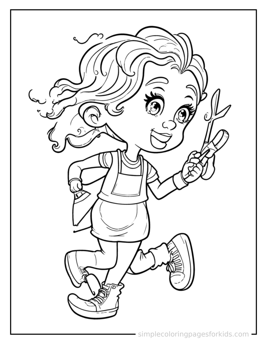 Running Hairdresser Holding Scissors And A Comb Coloring Page