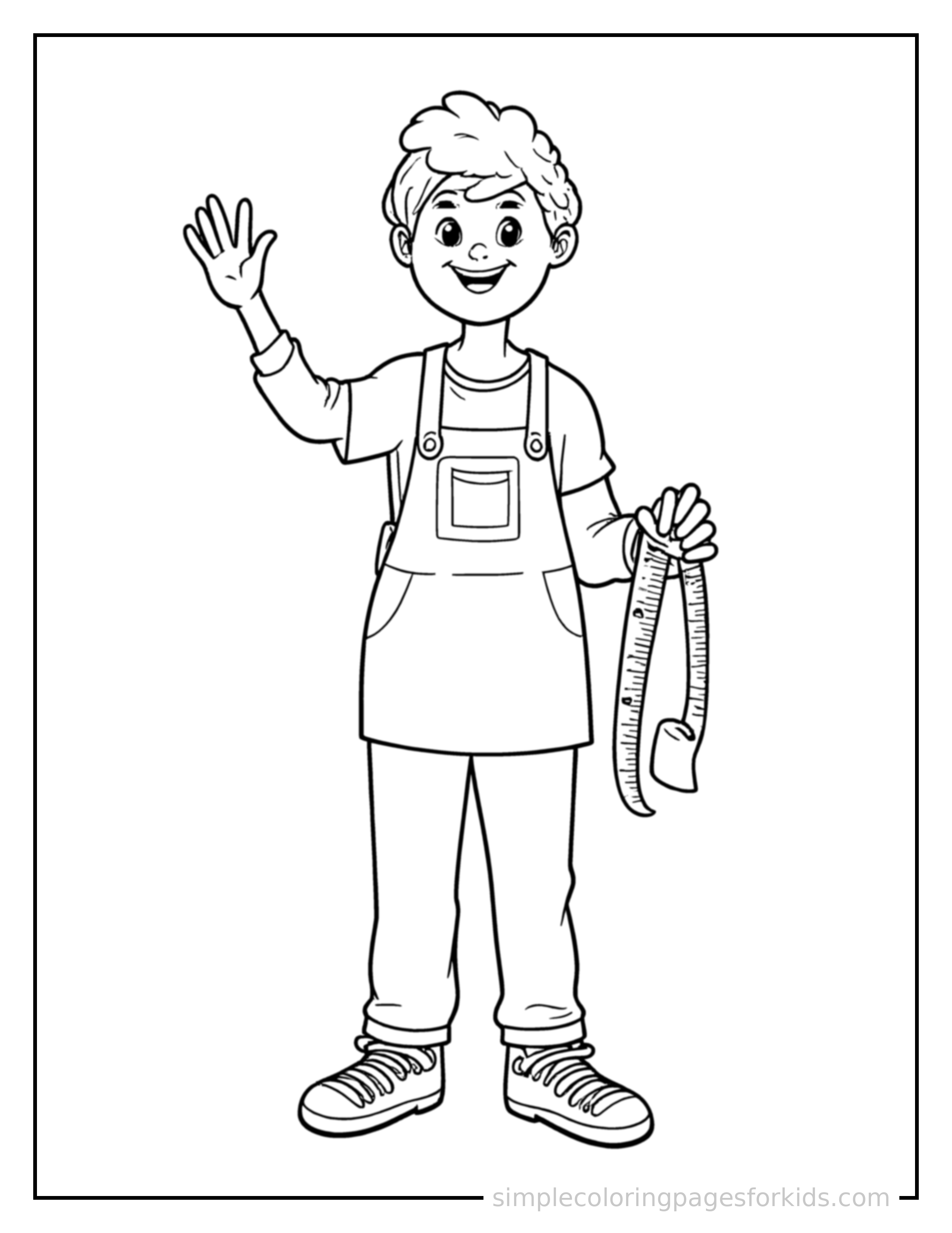 Free printable tailor holding a measuring tape coloring page featuring a cute tailor holding a measuring tape standing tall with a big cheerful grin, one hand raised in a wave, head tilted slightly.