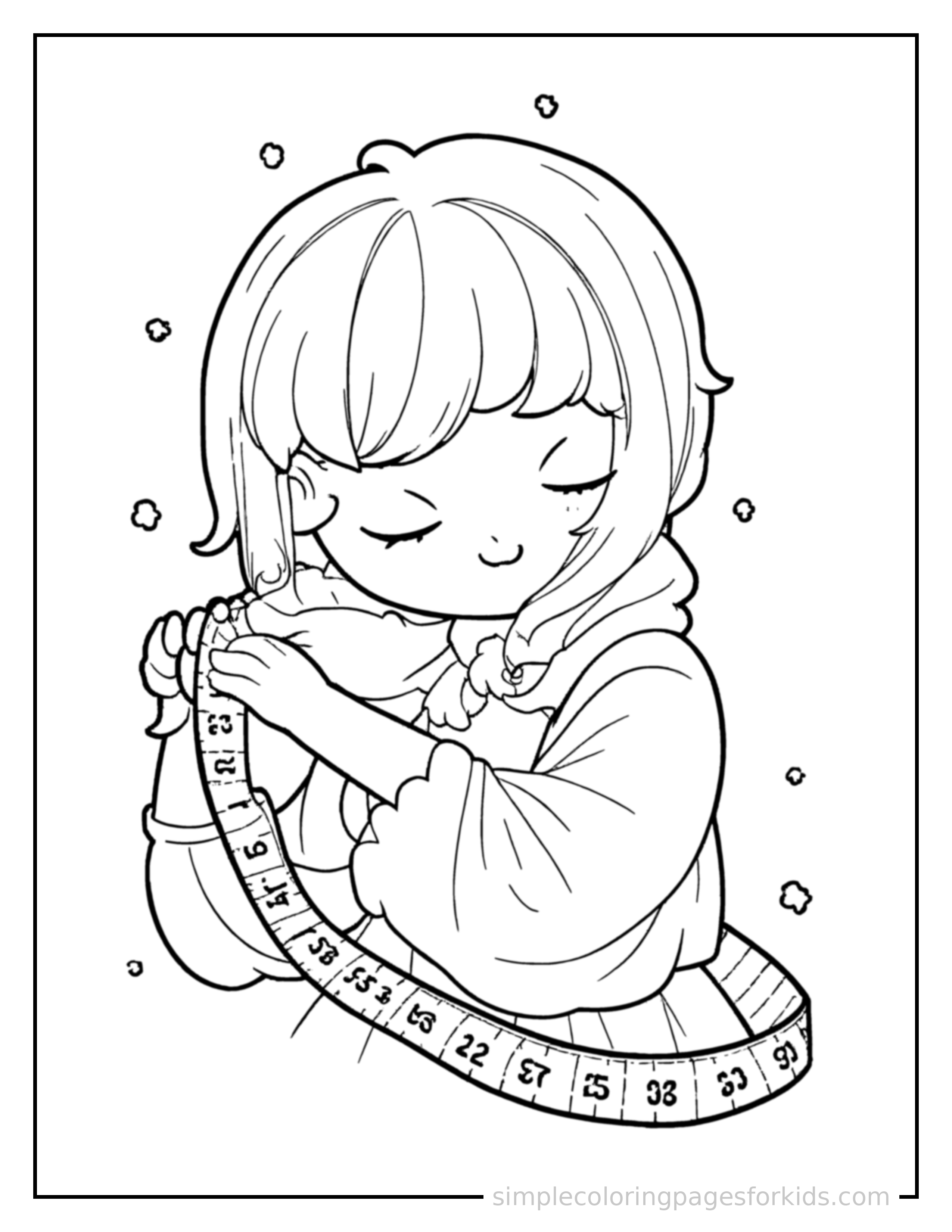 Free printable tailor holding a measuring tape coloring page featuring a cute tailor holding a measuring tape curled up fast asleep, peaceful smile, one eye scrunched shut, hands tucked under the chin.