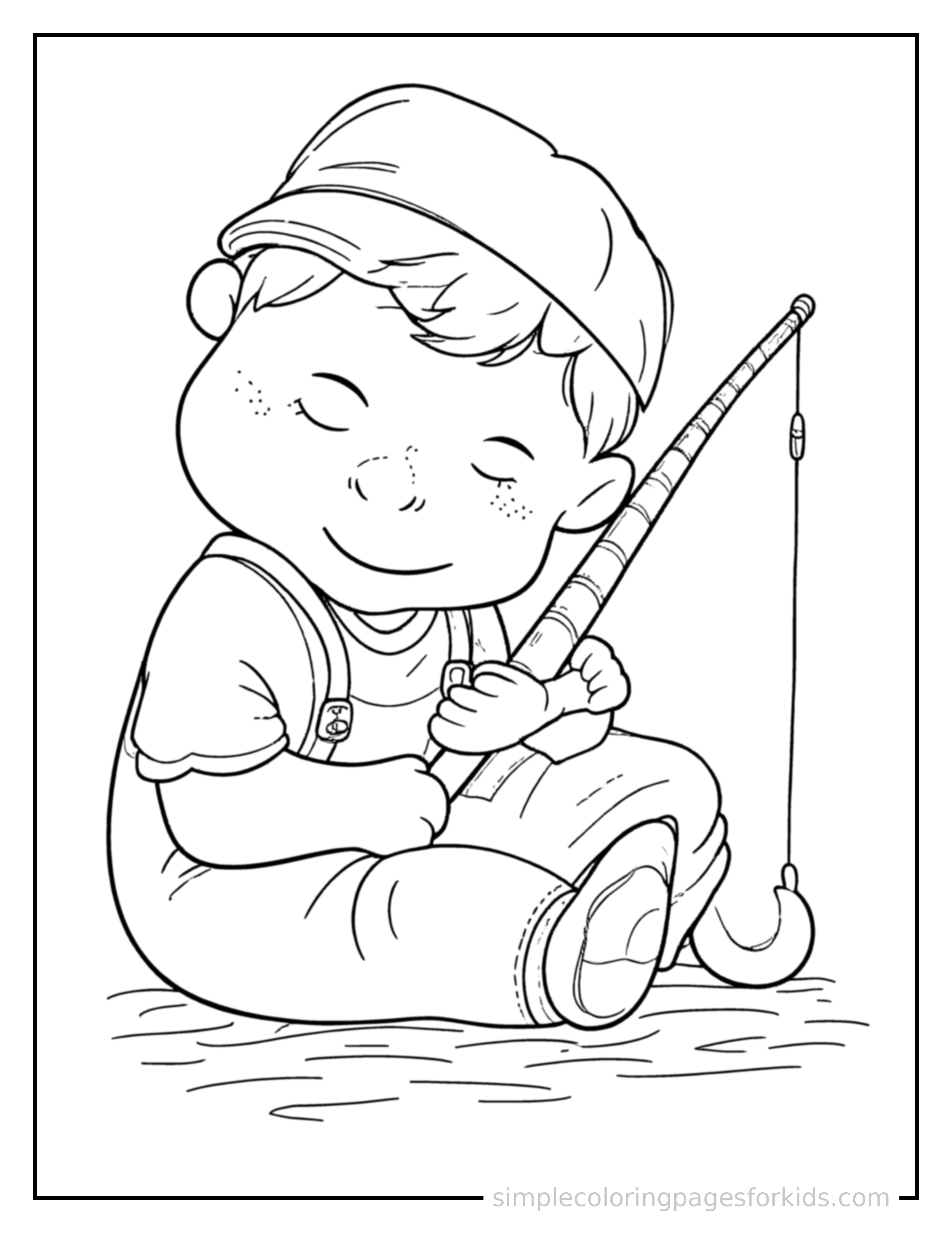 Free printable fisherman holding a fishing rod coloring page featuring a cute fisherman holding a fishing rod curled up fast asleep, peaceful smile, one eye scrunched shut, hands tucked under the chin.