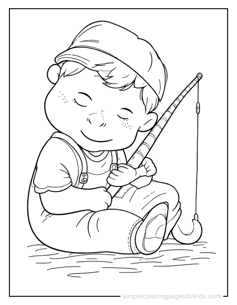 Sleepy Fisherman Holding A Fishing Rod Coloring Page