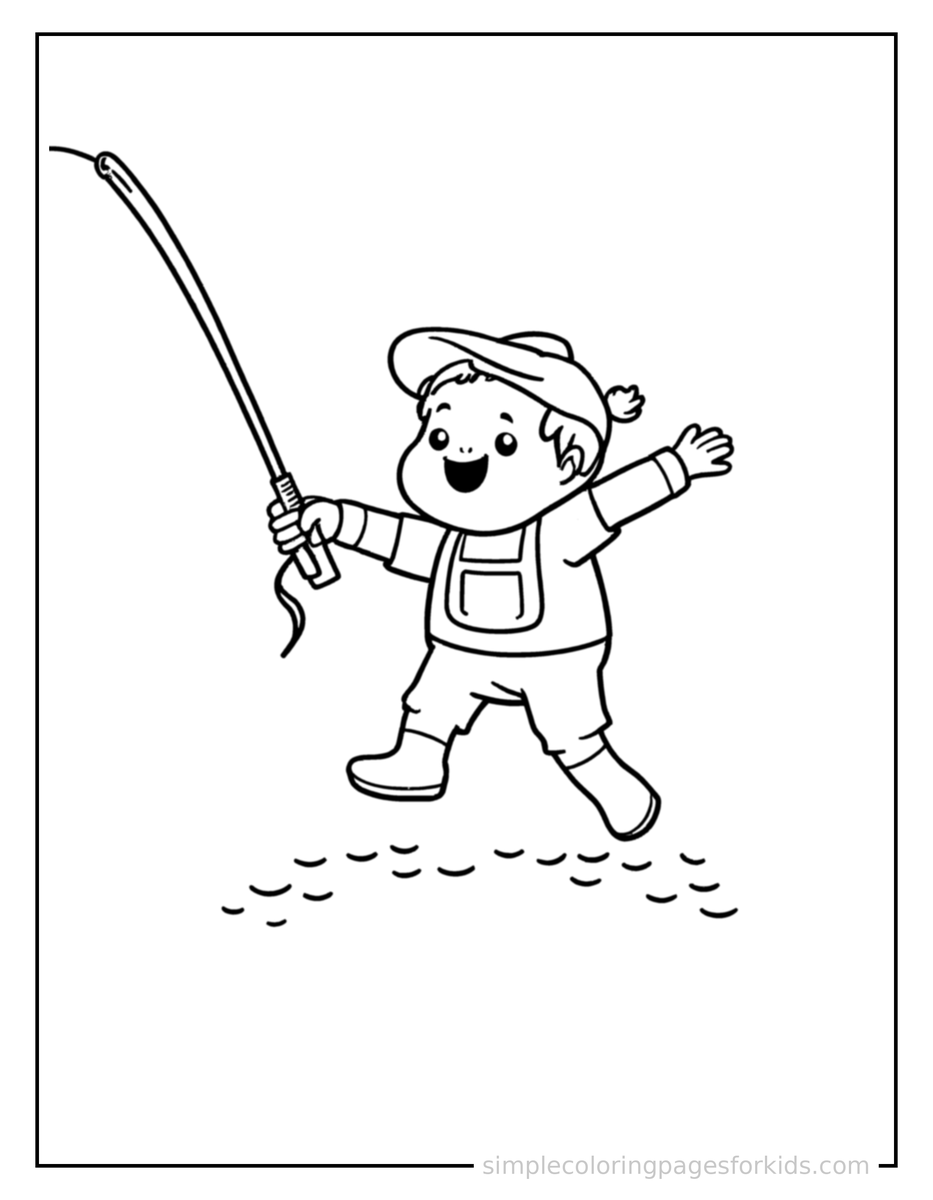 Jumping Fisherman Holding A Fishing Rod Coloring Page