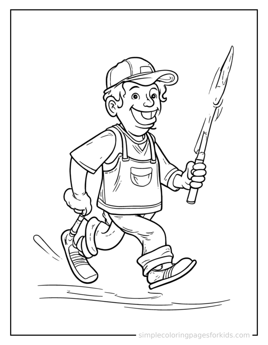 Running Fisherman Holding A Fishing Rod Coloring Page