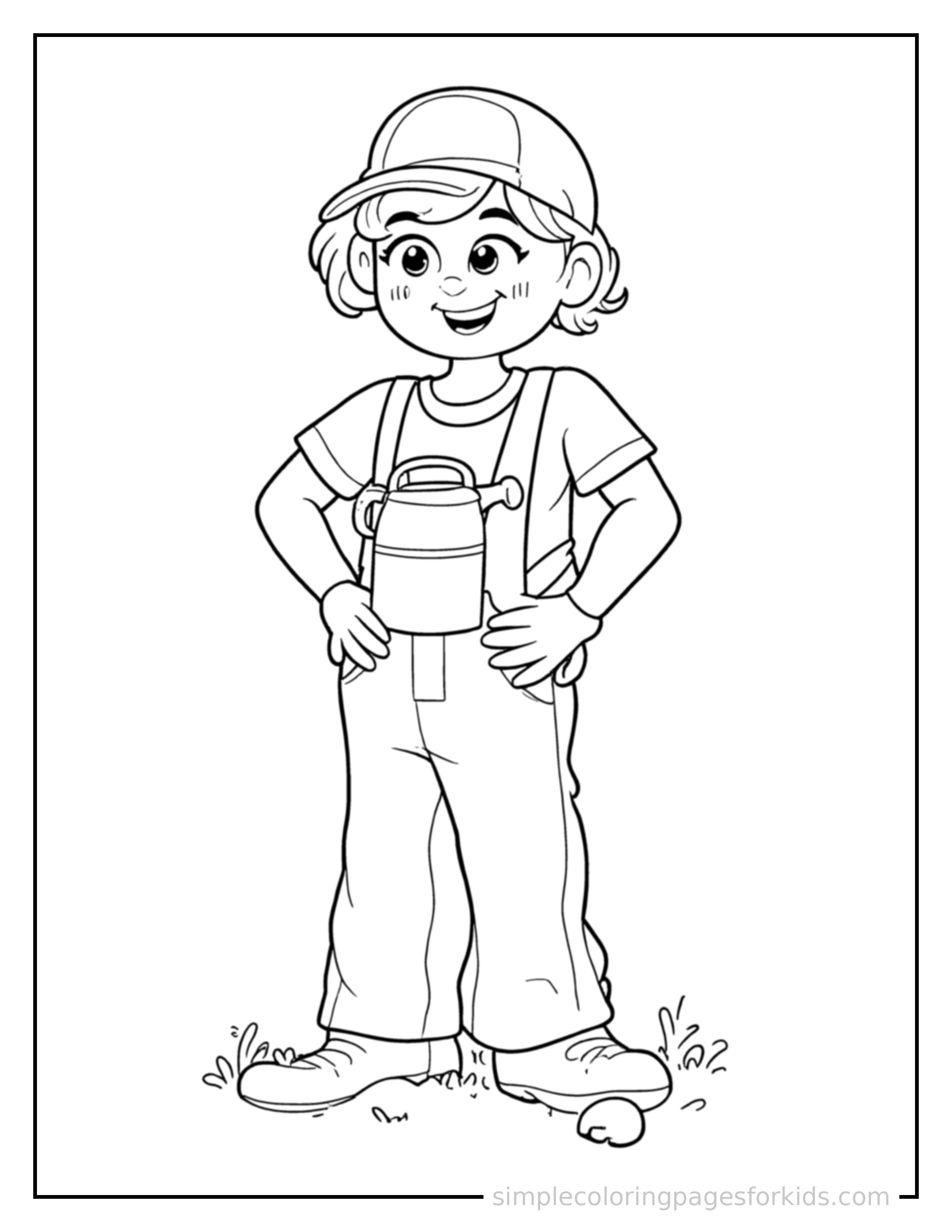 Free printable gardener holding a watering can coloring page featuring a cute gardener holding a watering can standing proudly with hands on hips, chest out, big sparkling happy eyes and open smile.