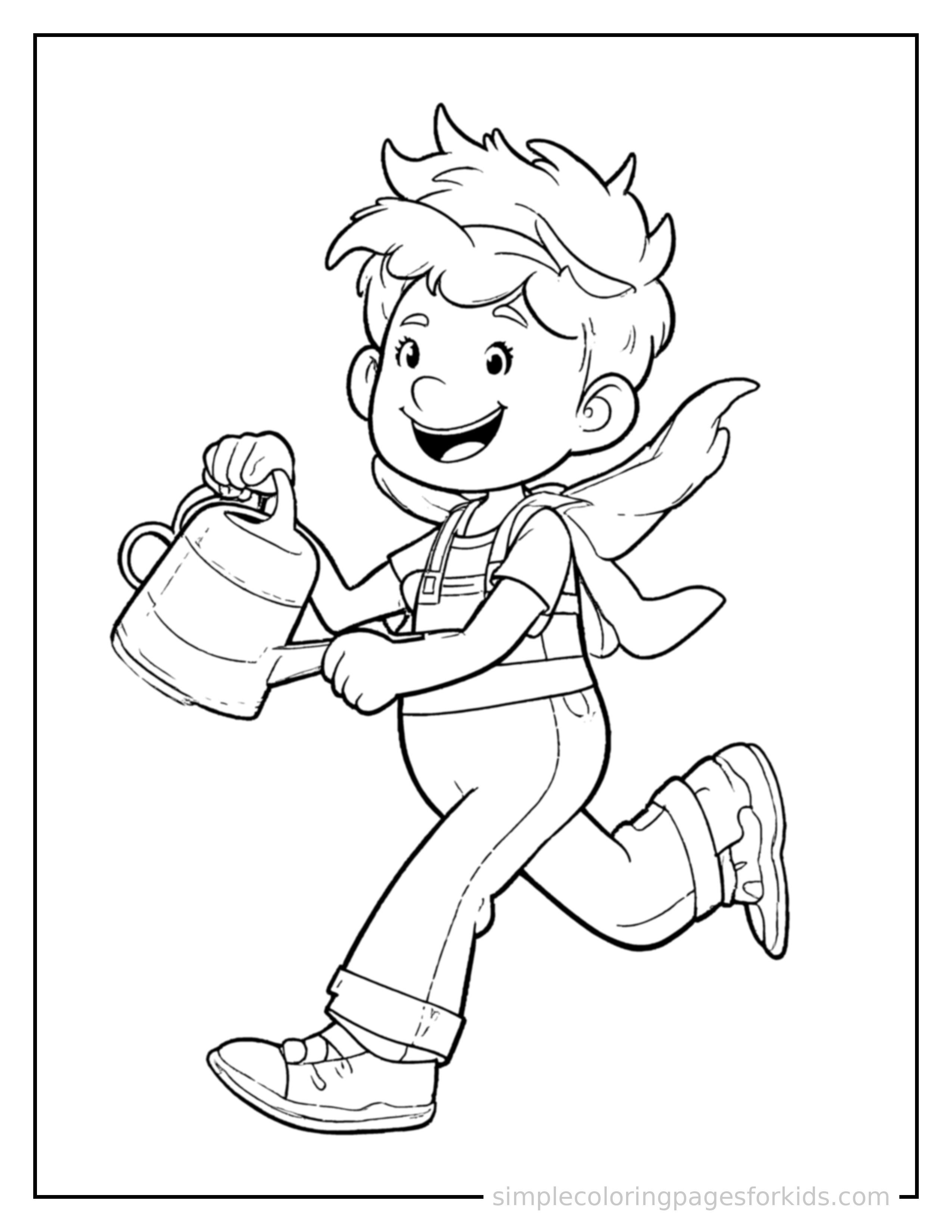 Free printable gardener holding a watering can coloring page featuring a cute gardener holding a watering can running forward at full speed, arms pumping, big happy grin.
