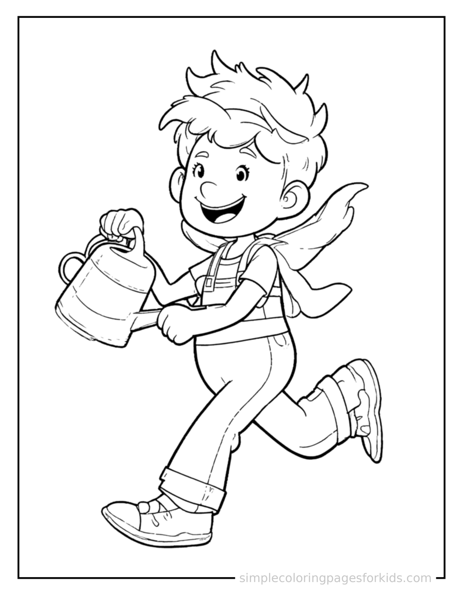 Running Gardener Holding A Watering Can Coloring Page