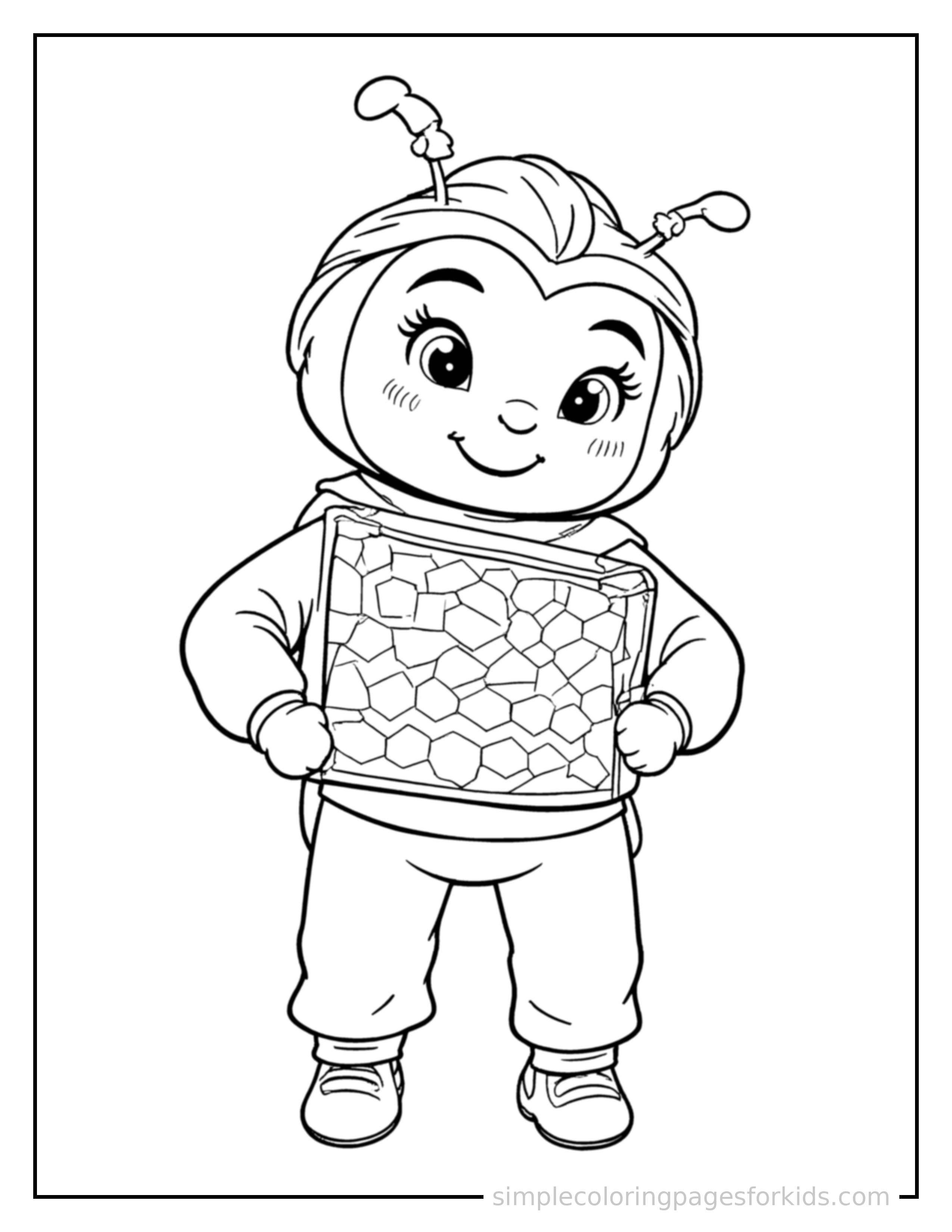 Free printable beekeeper holding a honeycomb frame coloring page featuring a cute beekeeper holding a honeycomb frame standing proudly with hands on hips, chest out, big sparkling happy eyes and open smile.