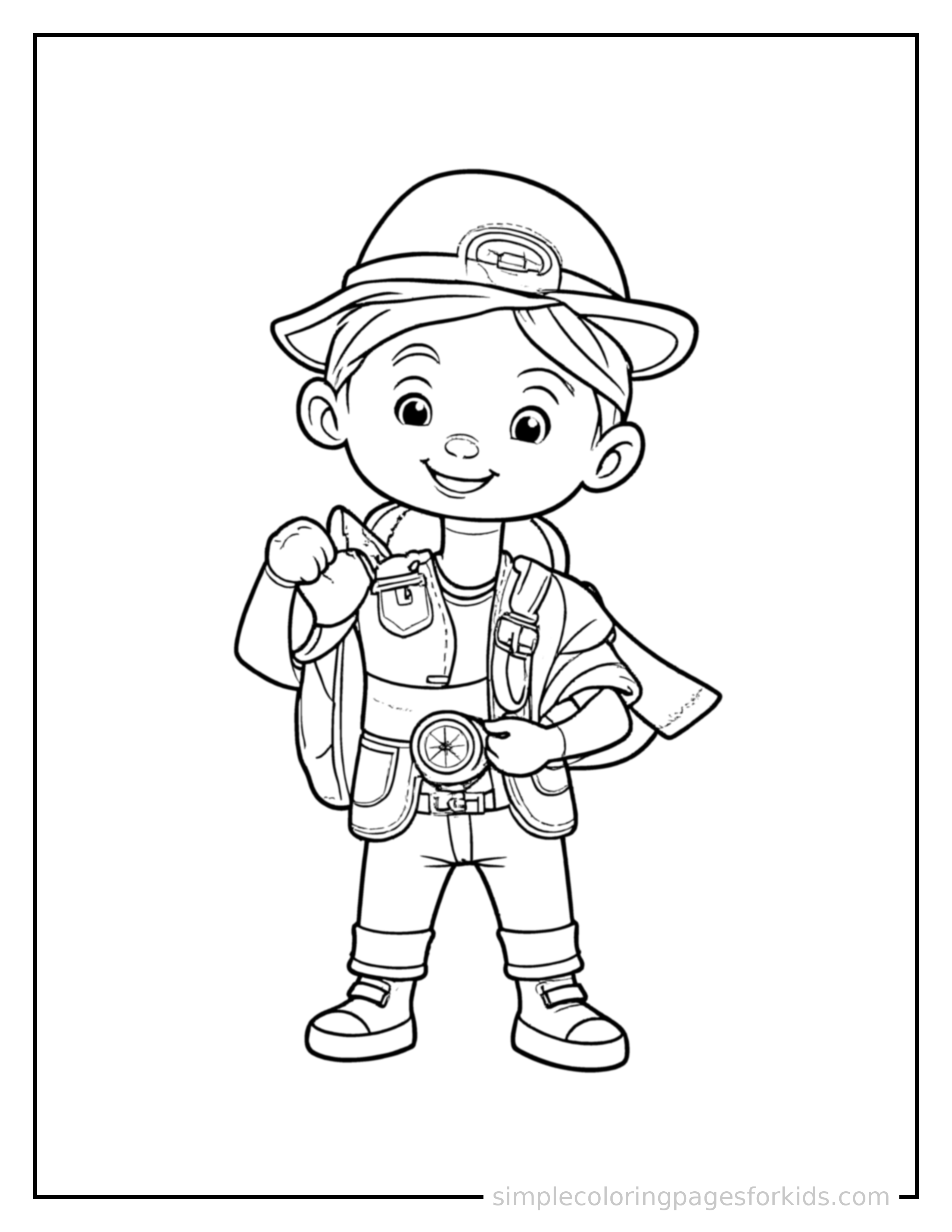 Free printable explorer holding a map and compass coloring page featuring a cute explorer holding a map and compass standing proudly with hands on hips, chest out, big sparkling happy eyes and open smile.