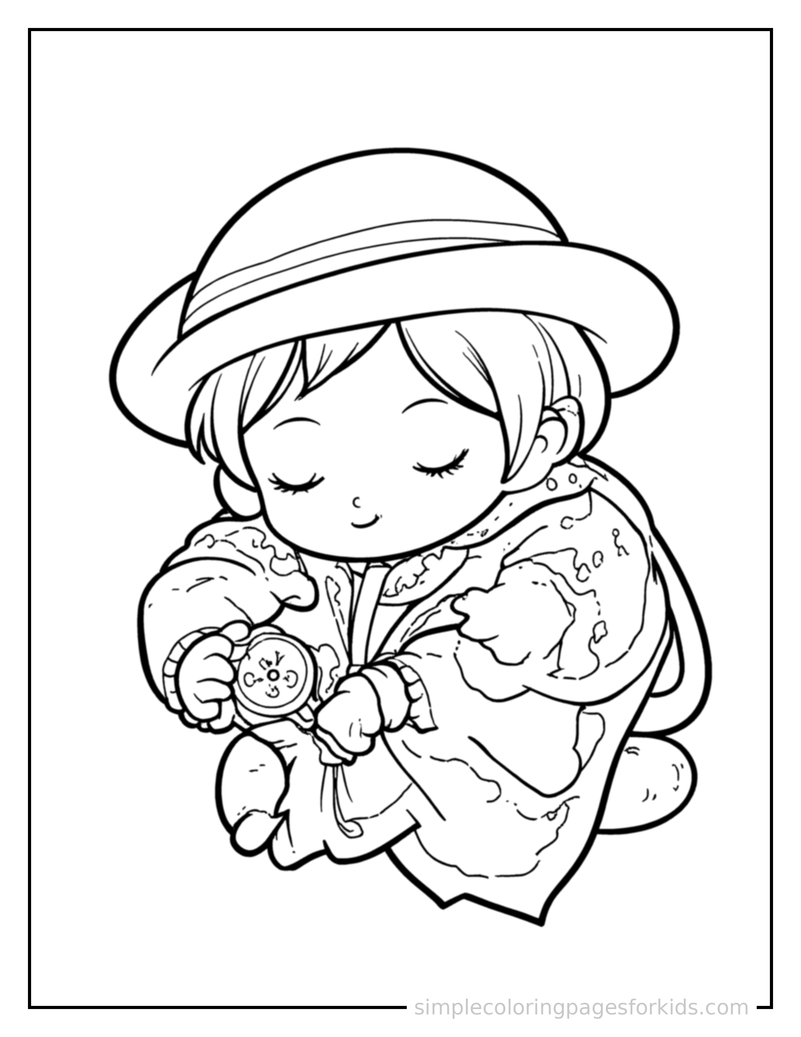 Free printable explorer holding a map and compass coloring page featuring a cute explorer holding a map and compass curled up fast asleep, peaceful smile, one eye scrunched shut, hands tucked under the chin.