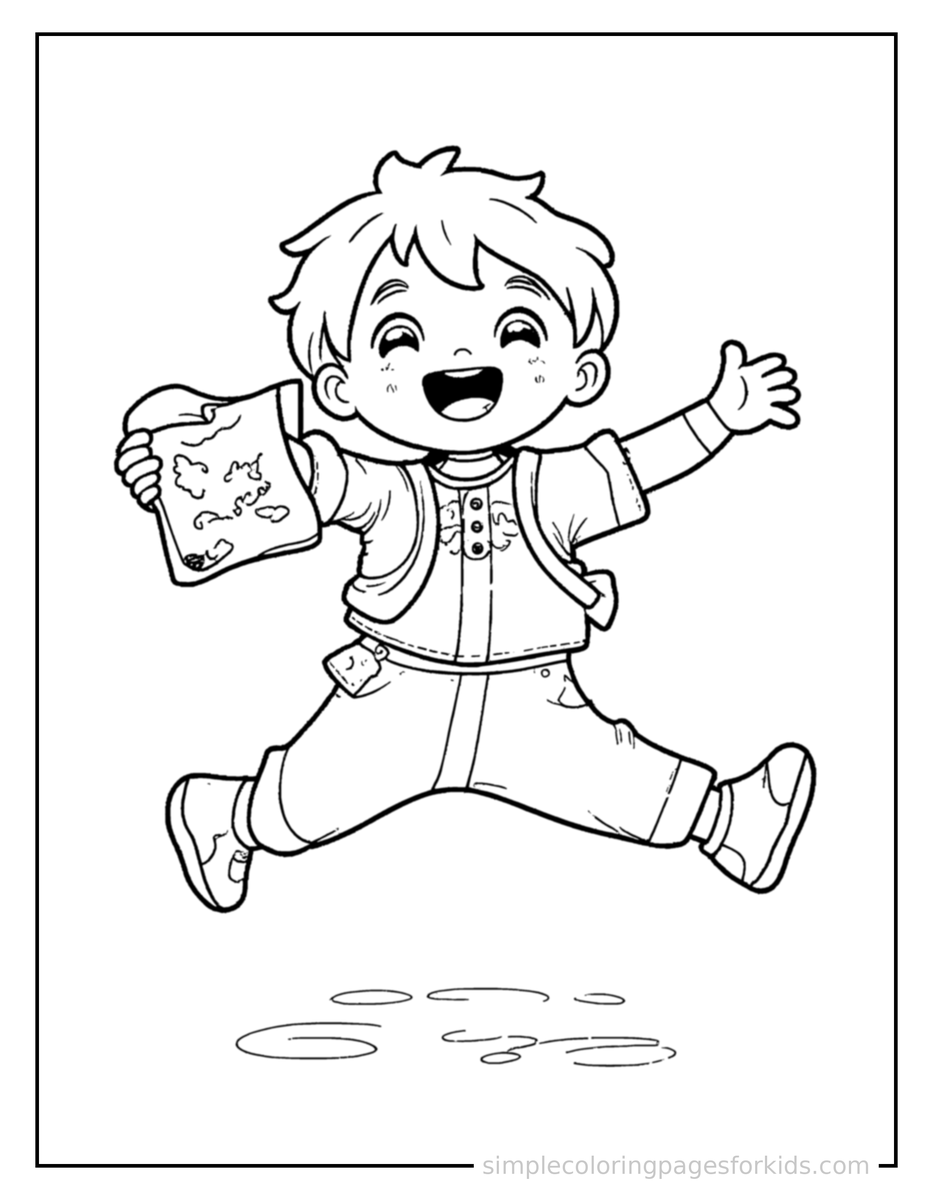 Jumping Explorer Holding A Map And Compass Coloring Page