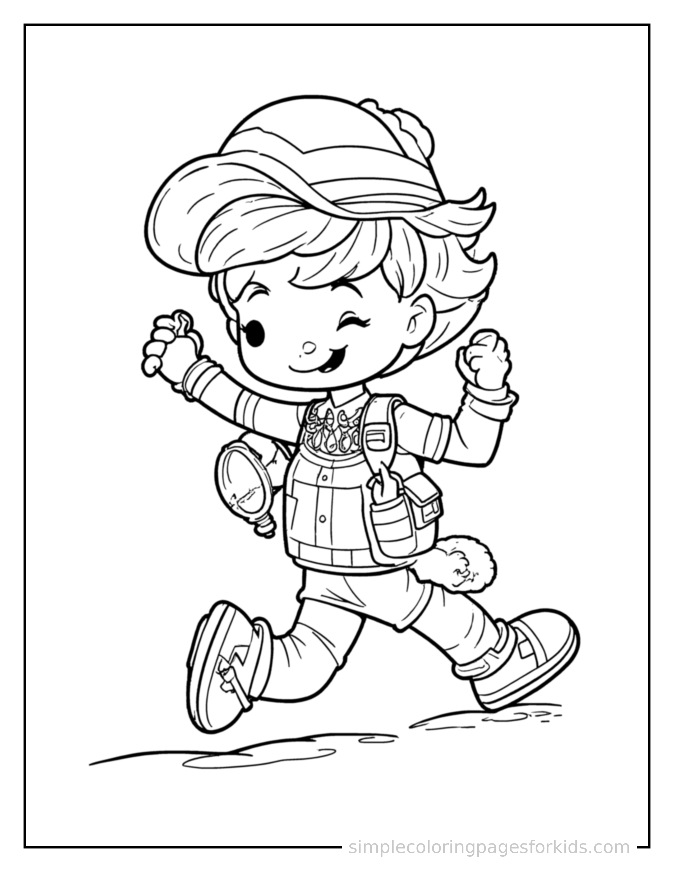 Free printable explorer holding a map and compass coloring page featuring a cute explorer holding a map and compass running forward at full speed, arms pumping, big happy grin.