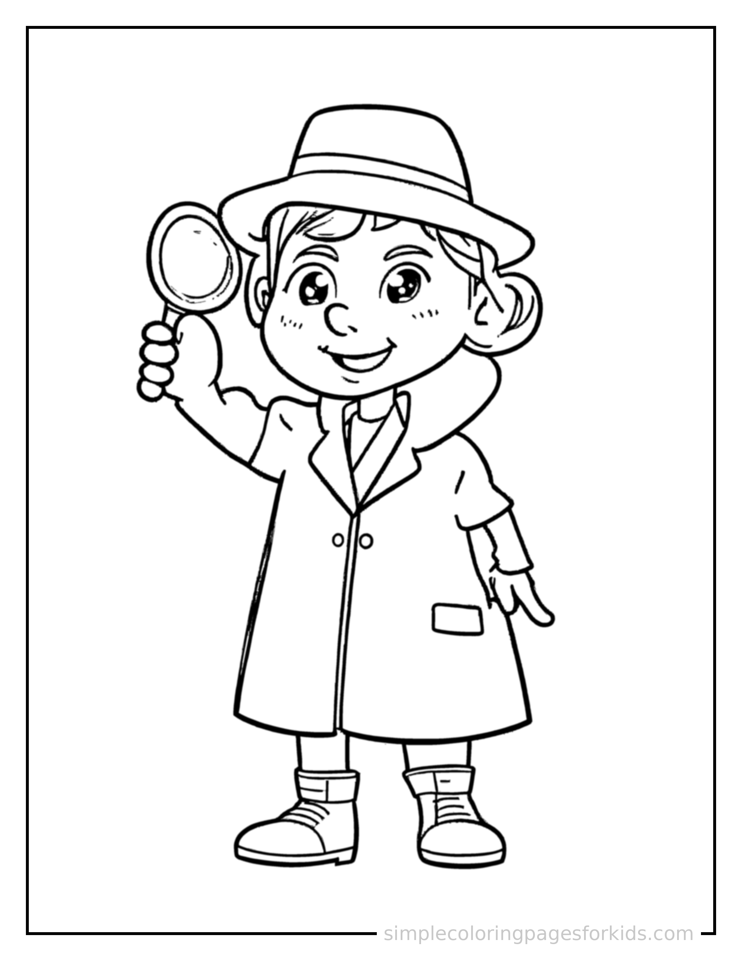Free printable detective holding a magnifying glass coloring page featuring a cute detective holding a magnifying glass standing tall with a big cheerful grin, one hand raised in a wave, head tilted slightly.