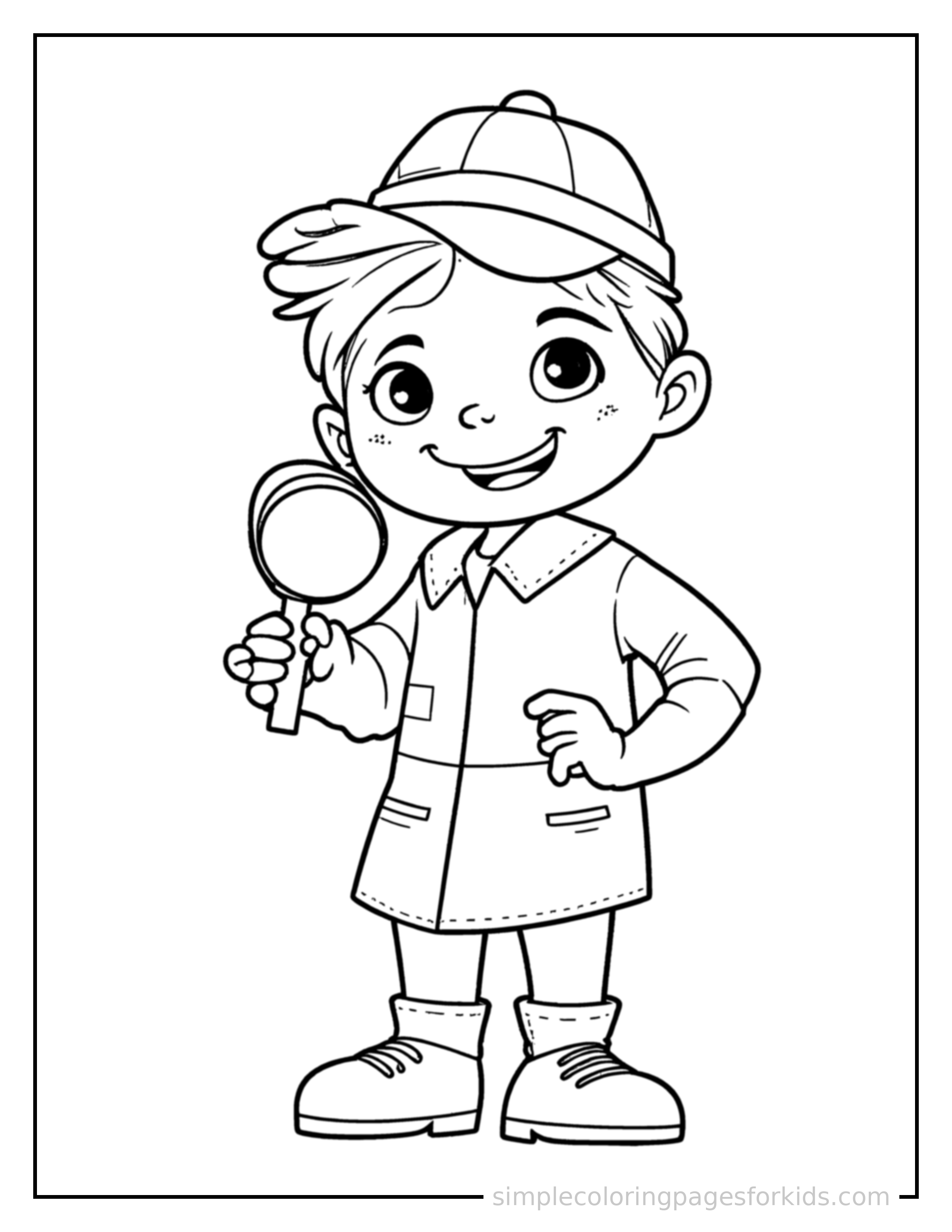 Free printable detective holding a magnifying glass coloring page featuring a cute detective holding a magnifying glass standing proudly with hands on hips, chest out, big sparkling happy eyes and open smile.