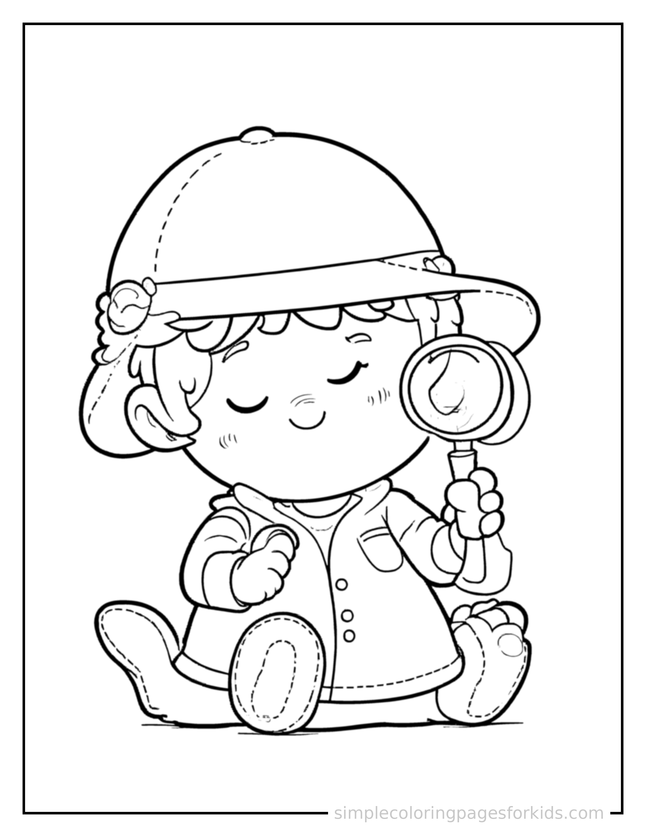 Free printable detective holding a magnifying glass coloring page featuring a cute detective holding a magnifying glass curled up fast asleep, peaceful smile, one eye scrunched shut, hands tucked under the chin.
