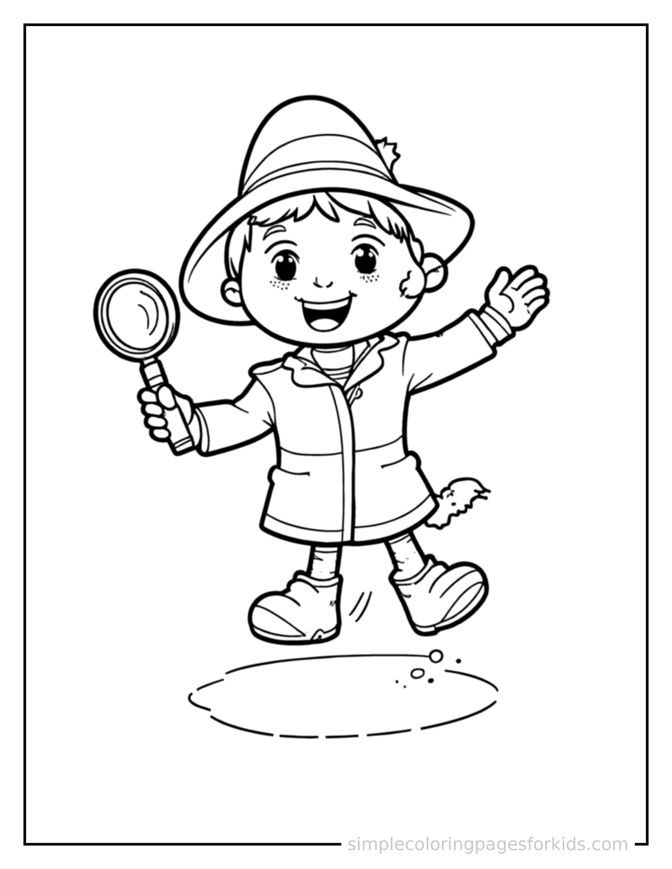 Free printable detective holding a magnifying glass coloring page featuring a cute detective holding a magnifying glass mid-jump with arms and legs stretched out playfully, mouth open with excitement.