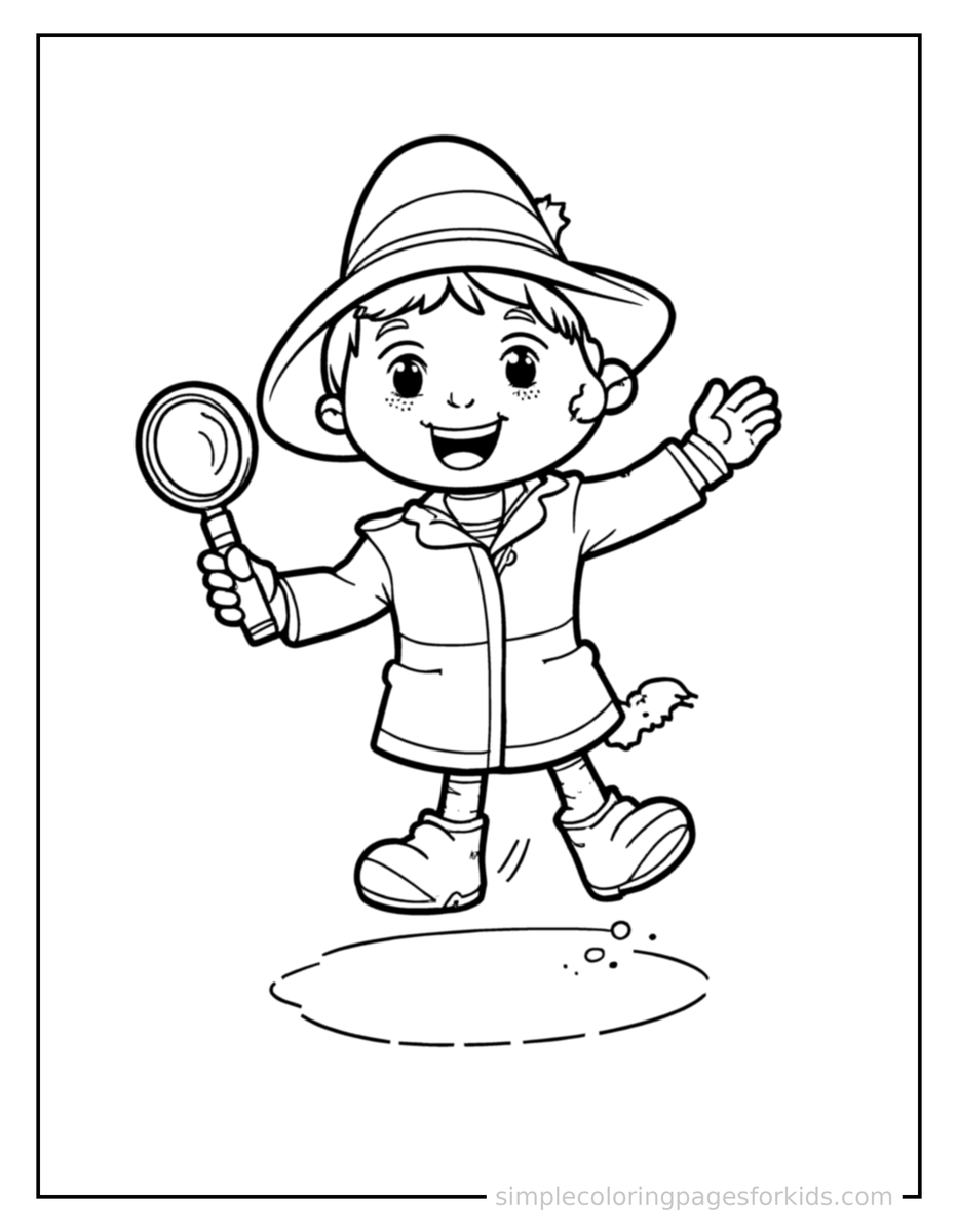 Jumping Detective Holding A Magnifying Glass Coloring Page