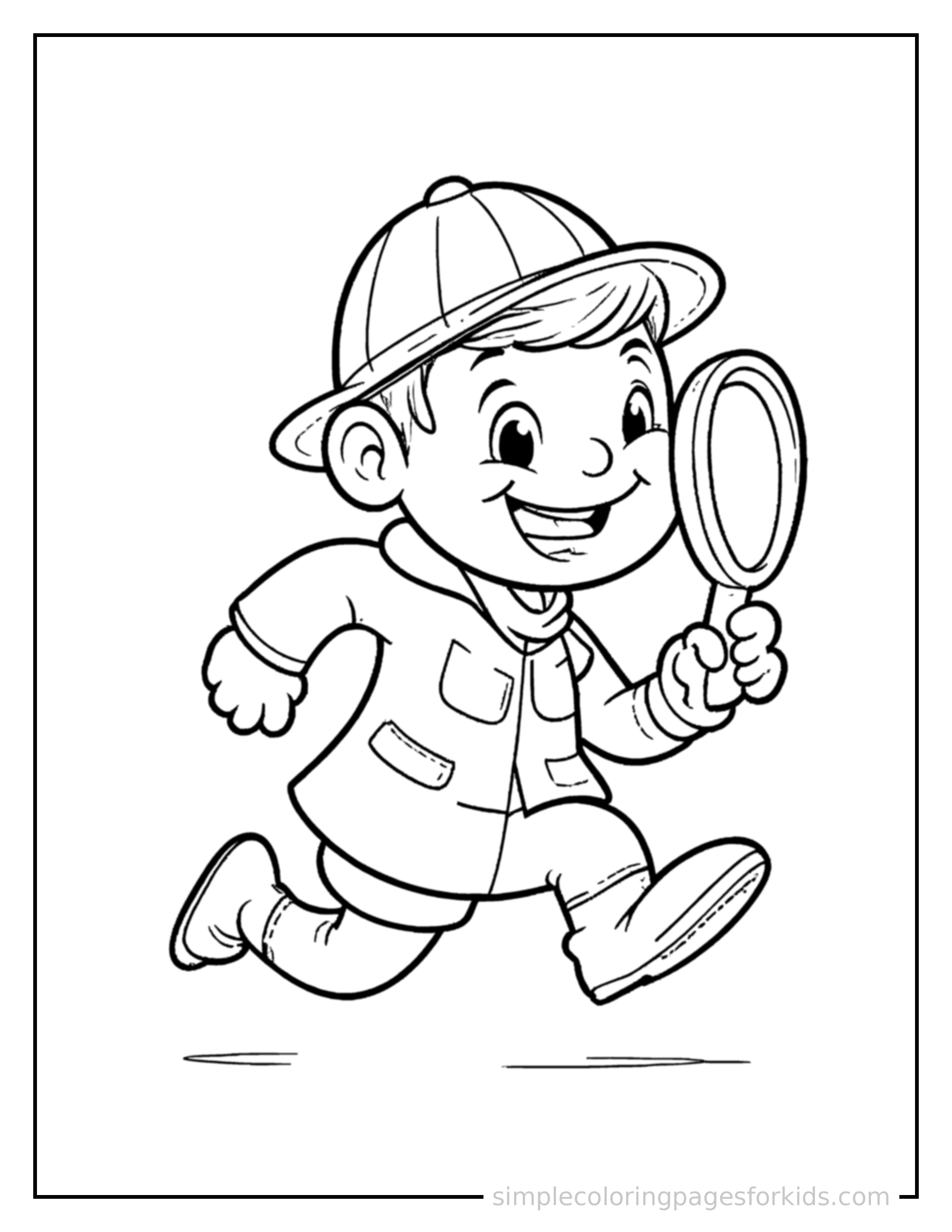 Free printable detective holding a magnifying glass coloring page featuring a cute detective holding a magnifying glass running forward at full speed, arms pumping, big happy grin.
