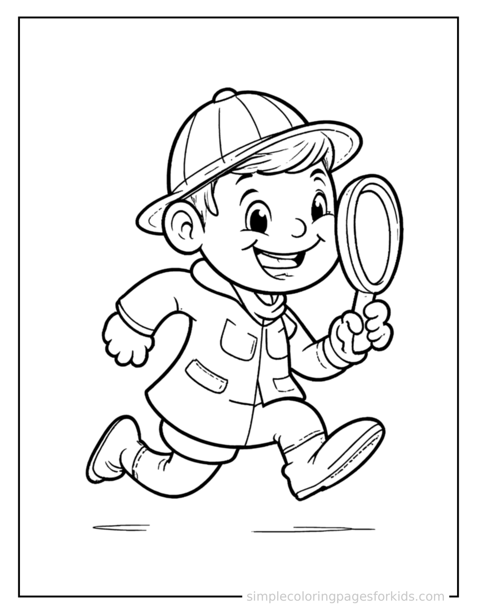 Running Detective Holding A Magnifying Glass Coloring Page