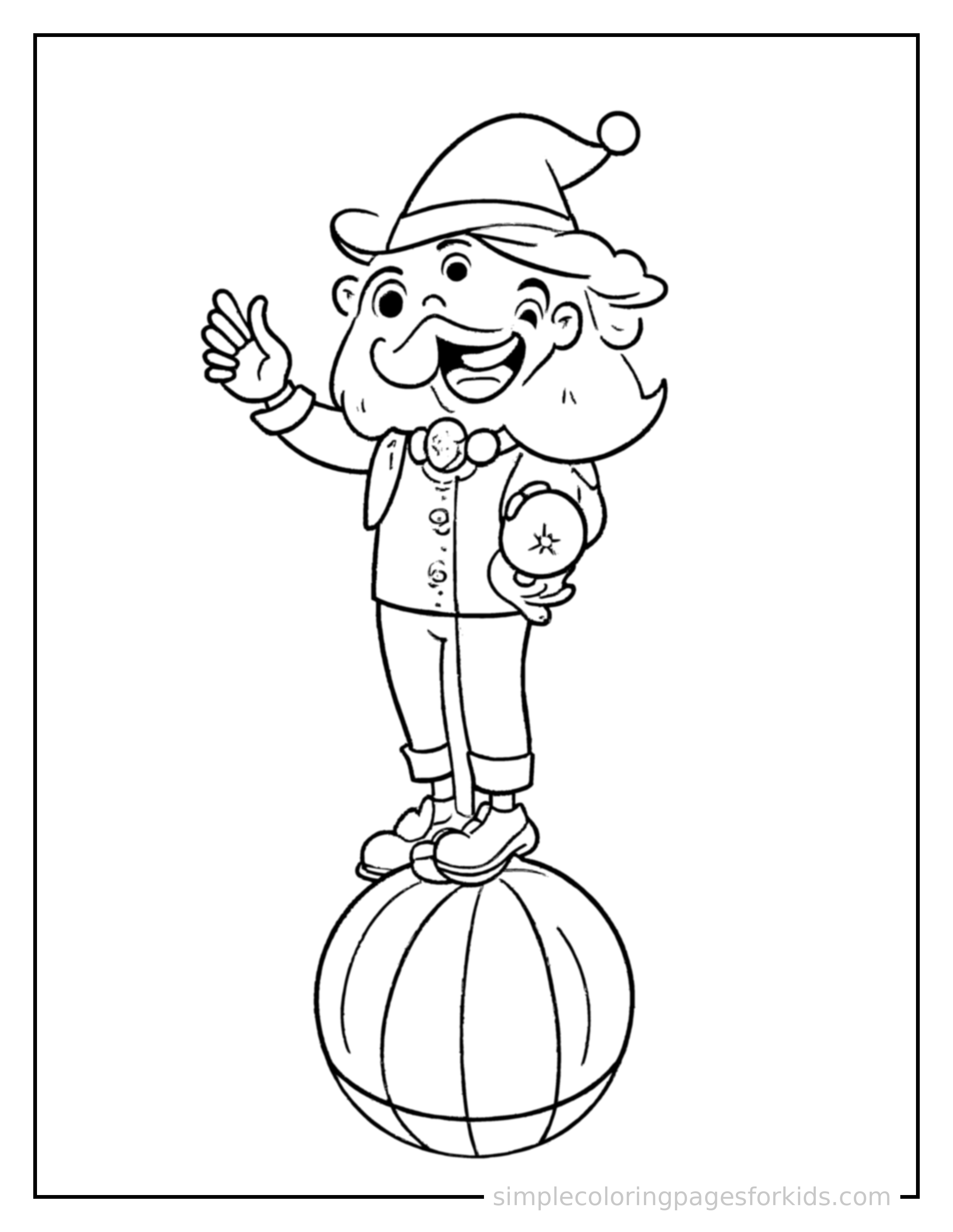 Free printable circus performer balancing on a ball coloring page featuring a cute circus performer balancing on a ball standing tall with a big cheerful grin, one hand raised in a wave, head tilted slightly.