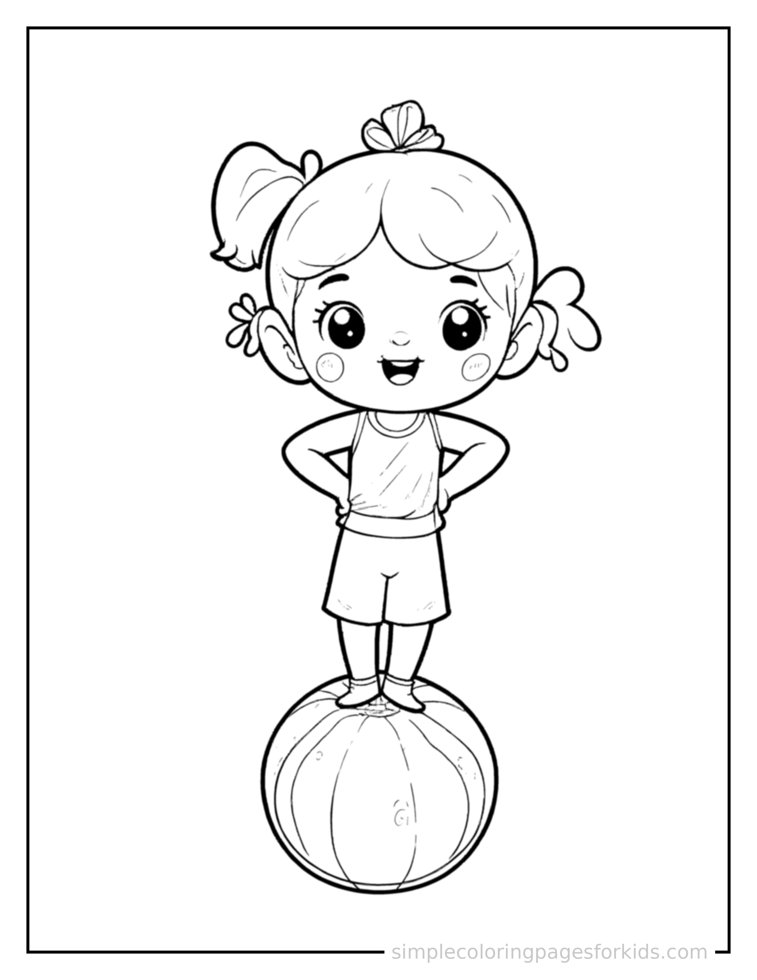 Free printable circus performer balancing on a ball coloring page featuring a cute circus performer balancing on a ball standing proudly with hands on hips, chest out, big sparkling happy eyes and open smile.