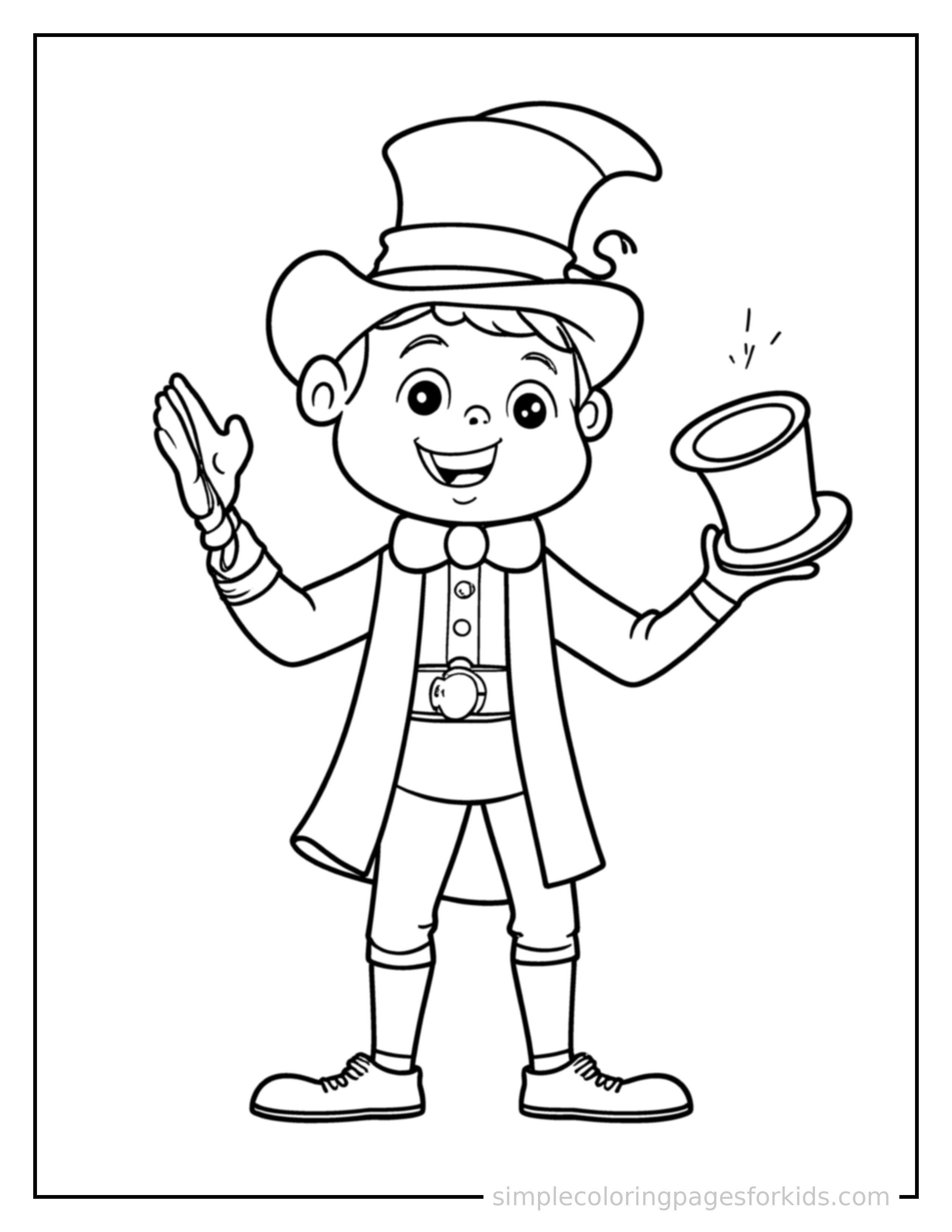 Free printable magician holding a wand and top hat coloring page featuring a cute magician holding a wand and top hat standing tall with a big cheerful grin, one hand raised in a wave, head tilted slightly.