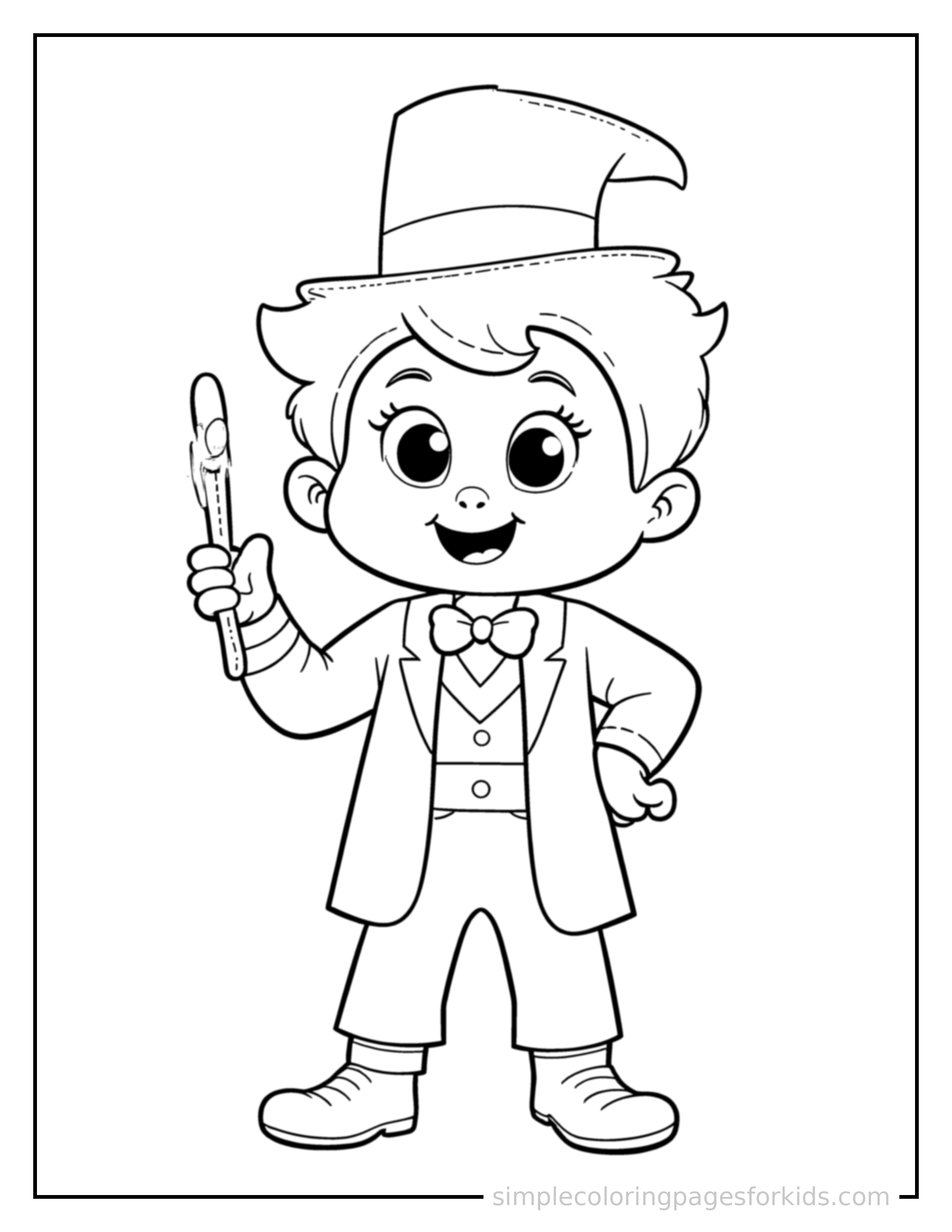 Free printable magician holding a wand and top hat coloring page featuring a cute magician holding a wand and top hat standing proudly with hands on hips, chest out, big sparkling happy eyes and open smile.