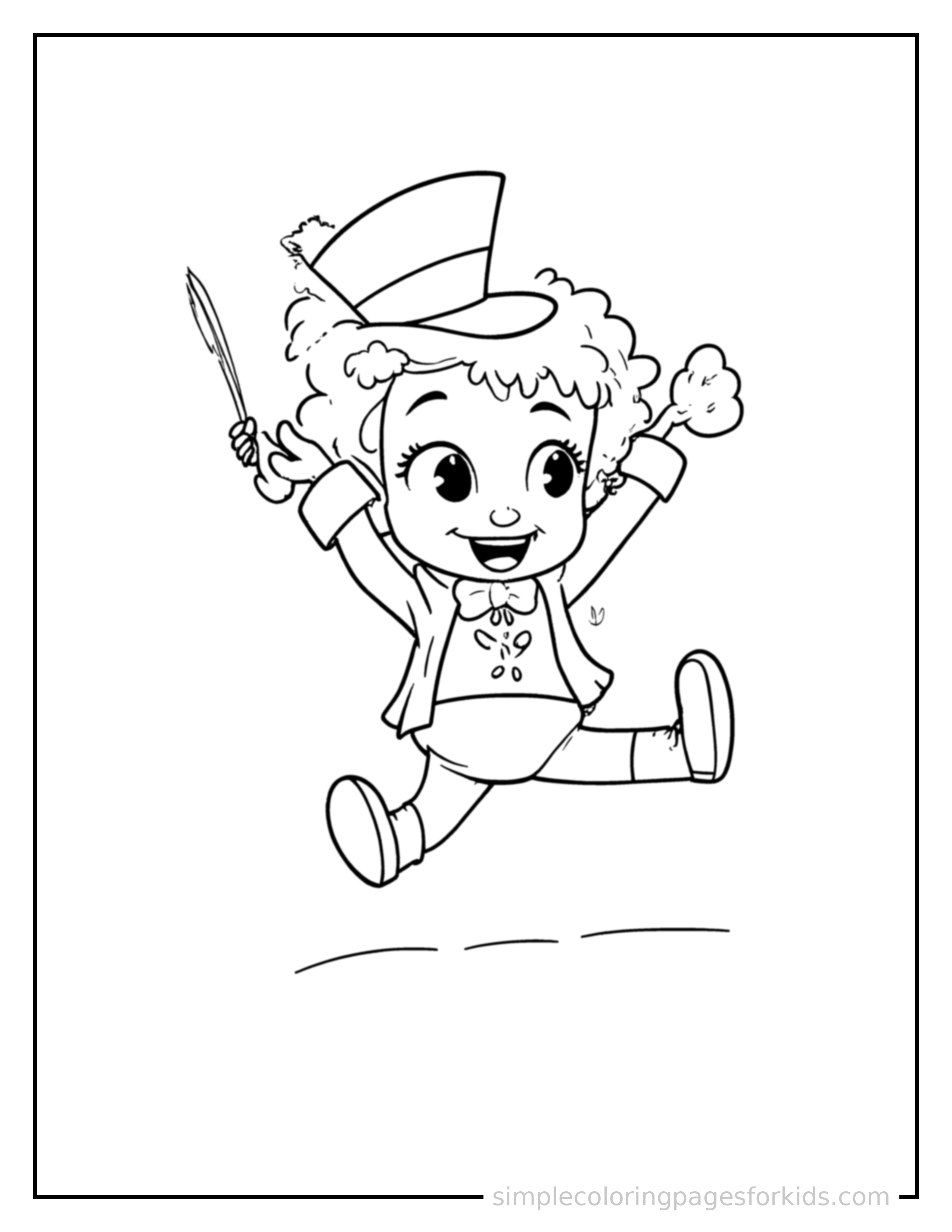 Free printable magician holding a wand and top hat coloring page featuring a cute magician holding a wand and top hat mid-jump with arms and legs stretched out playfully, mouth open with excitement.
