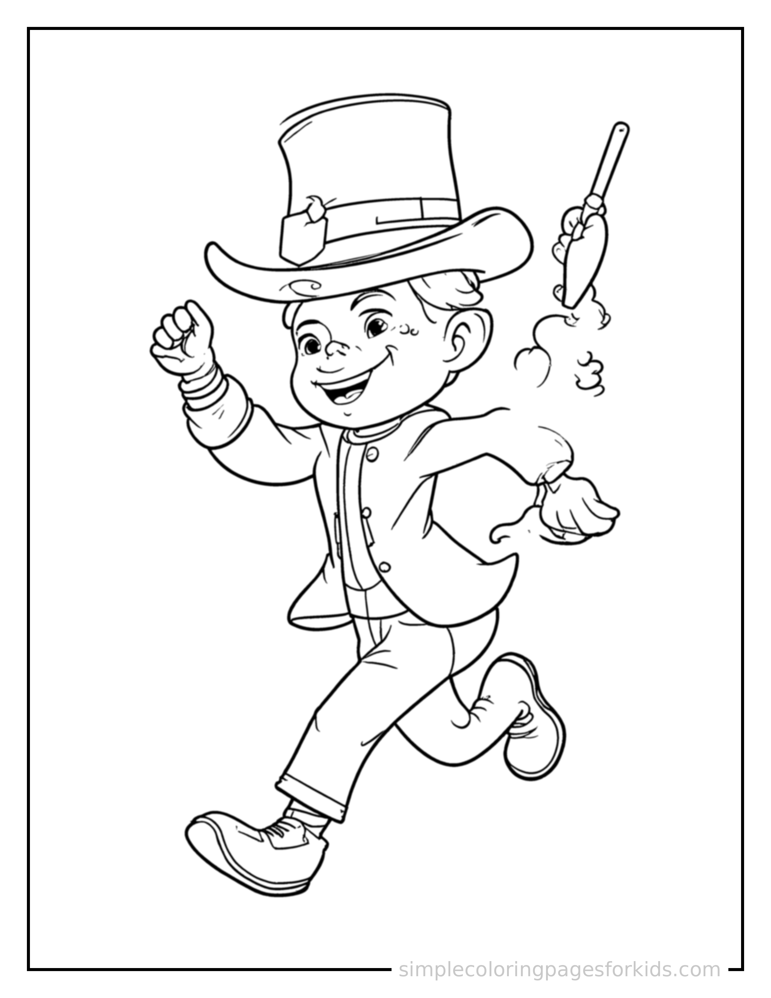 Free printable magician holding a wand and top hat coloring page featuring a cute magician holding a wand and top hat running forward at full speed, arms pumping, big happy grin.