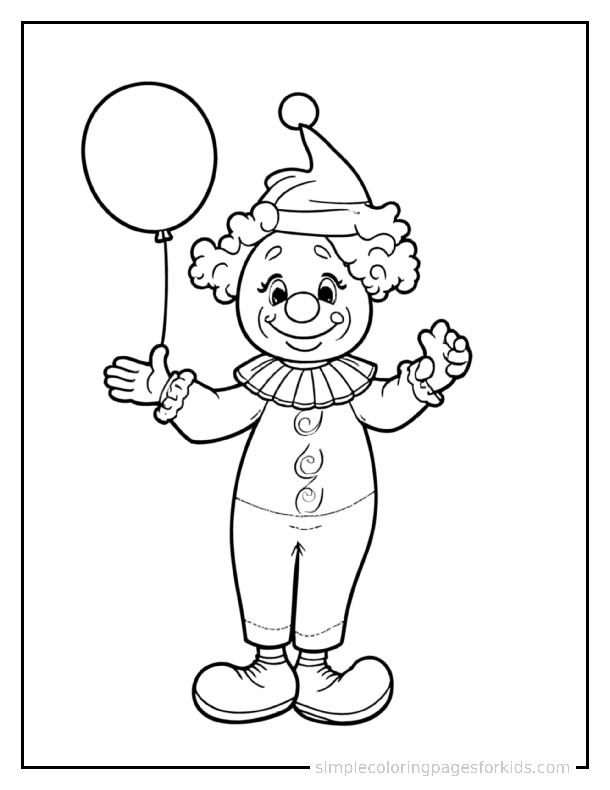 Free printable clown holding balloons coloring page featuring a cute clown holding balloons standing tall with a big cheerful grin, one hand raised in a wave, head tilted slightly.