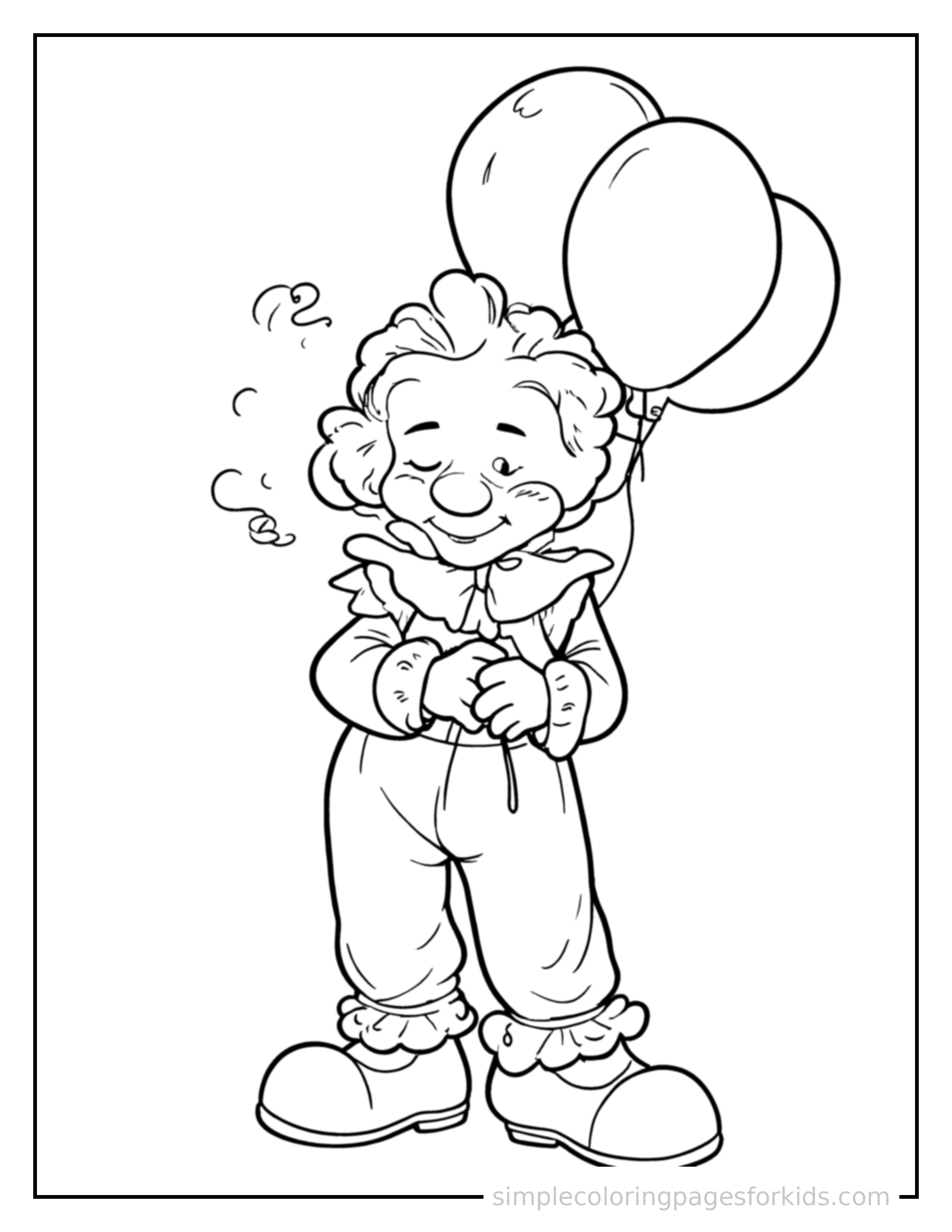 Free printable clown holding balloons coloring page featuring a cute clown holding balloons curled up fast asleep, peaceful smile, one eye scrunched shut, hands tucked under the chin.